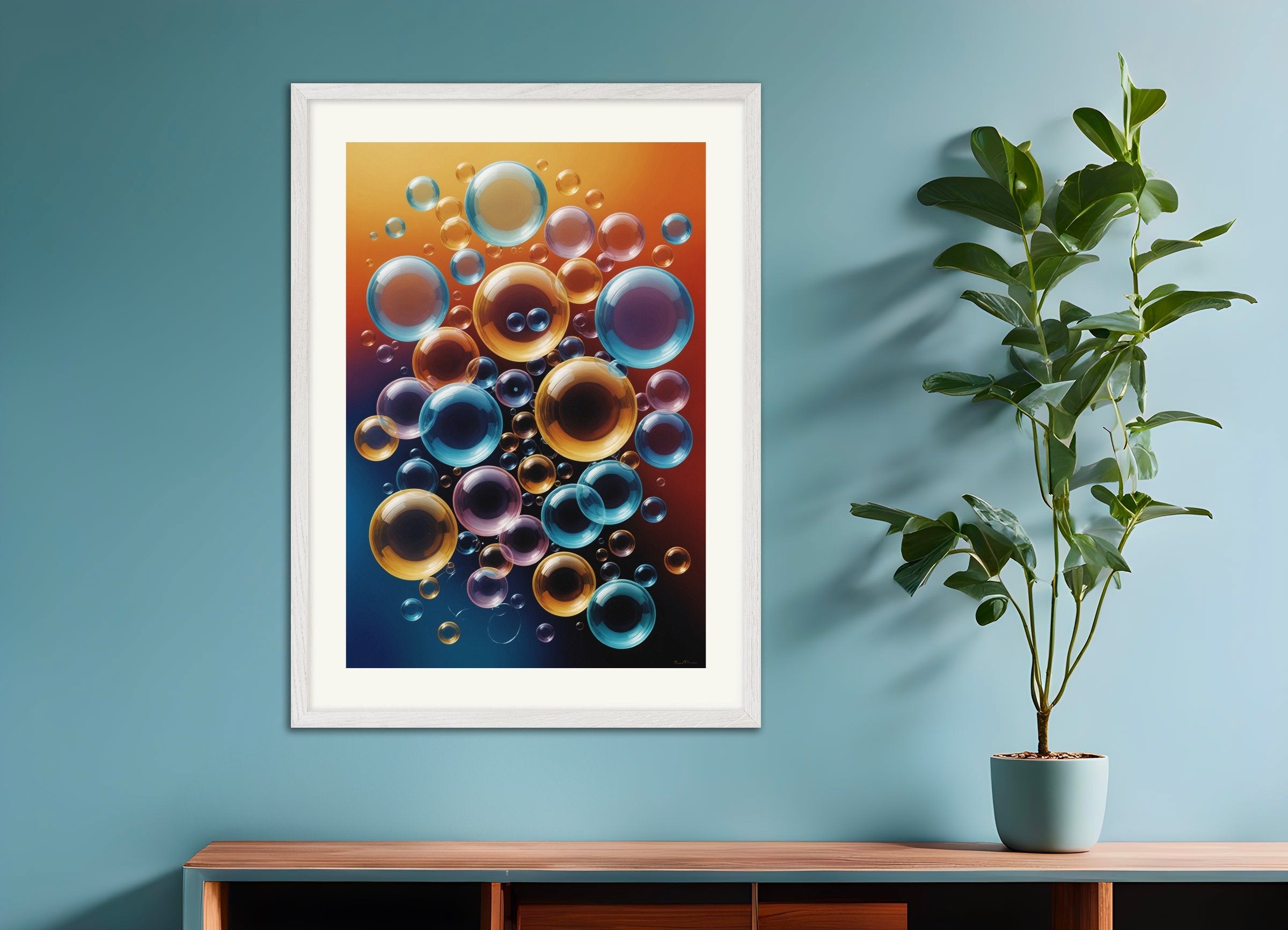 Poster of Lines and geometric figures with floating shapes, playful abstract art, with white wooden frame