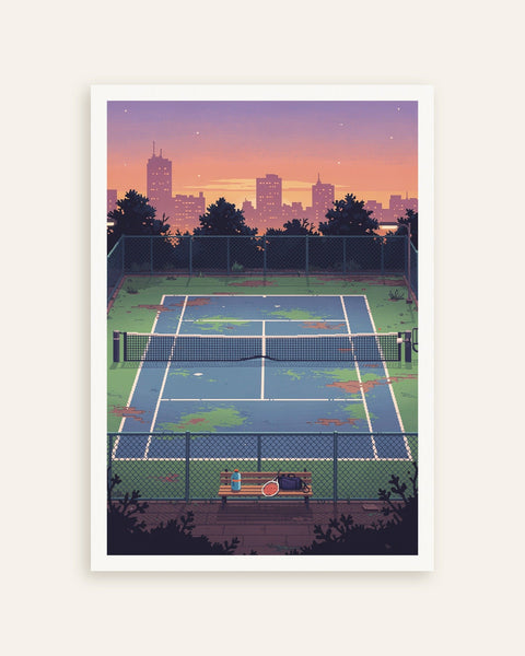Abandoned Tennis Court at Dusk - Pixel Art Poster | Posterscape