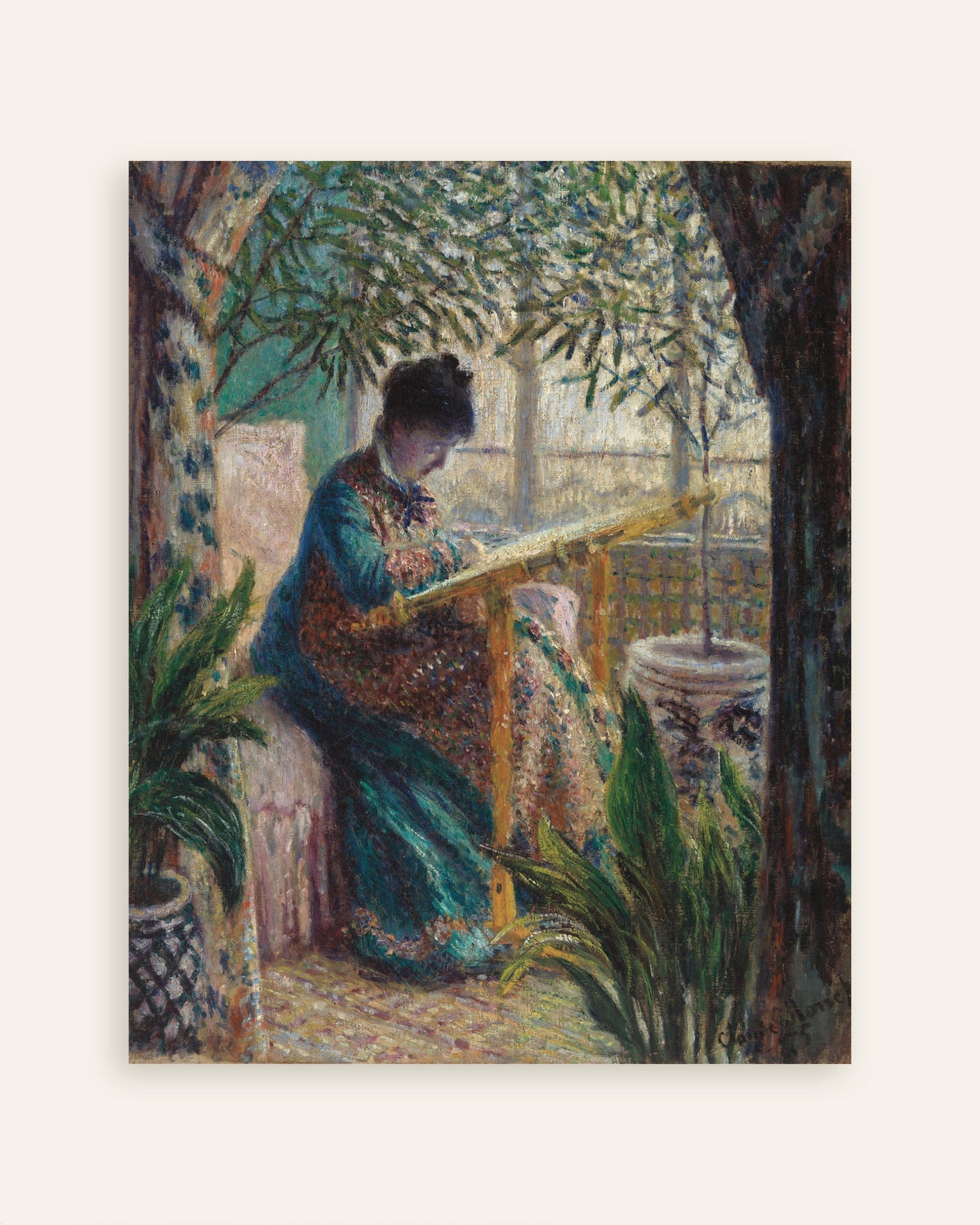 Plakat Madame Monet broderer (1875) av Claude Monet, miniatyr