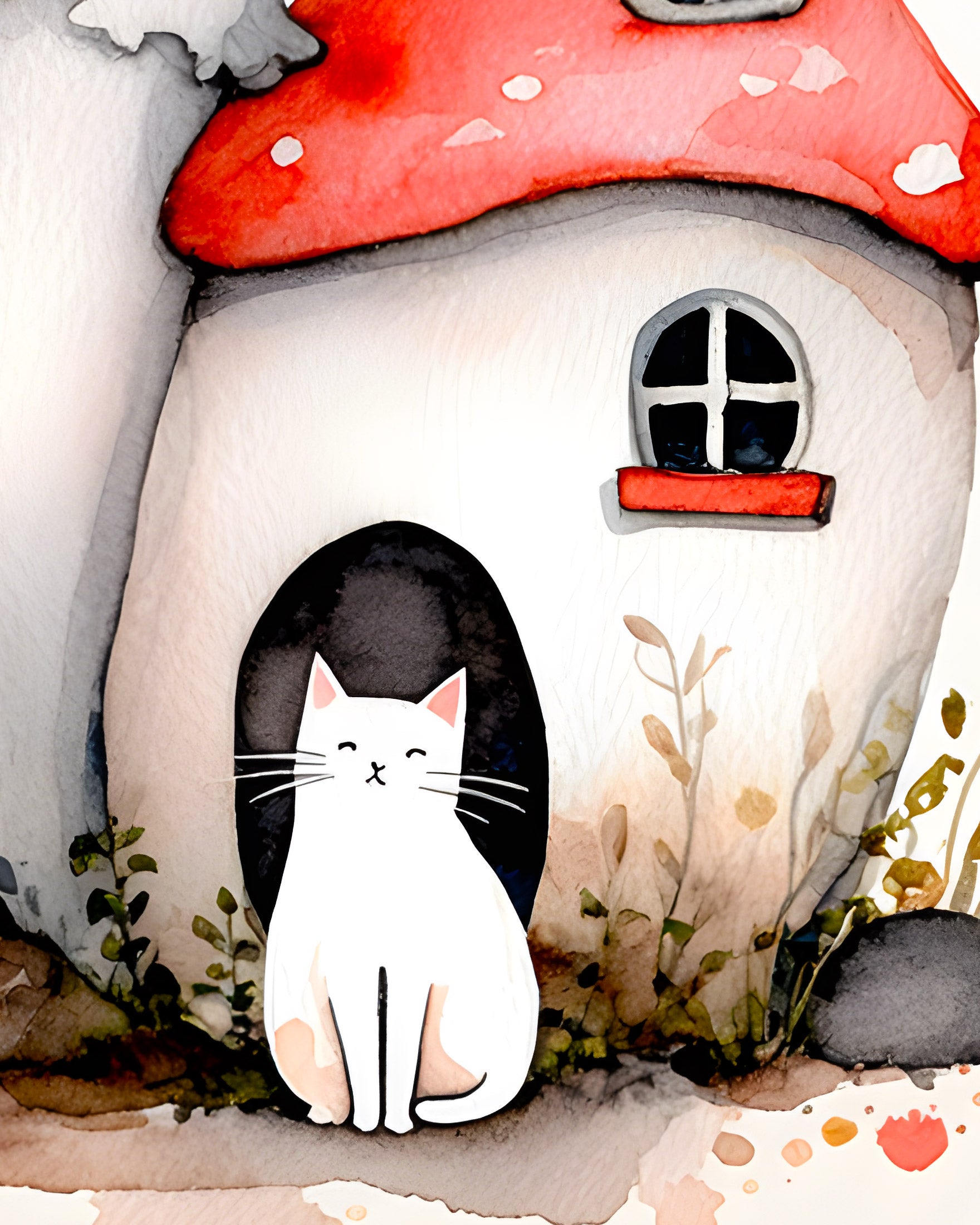 Child room poster cat mushroom house, zoomed