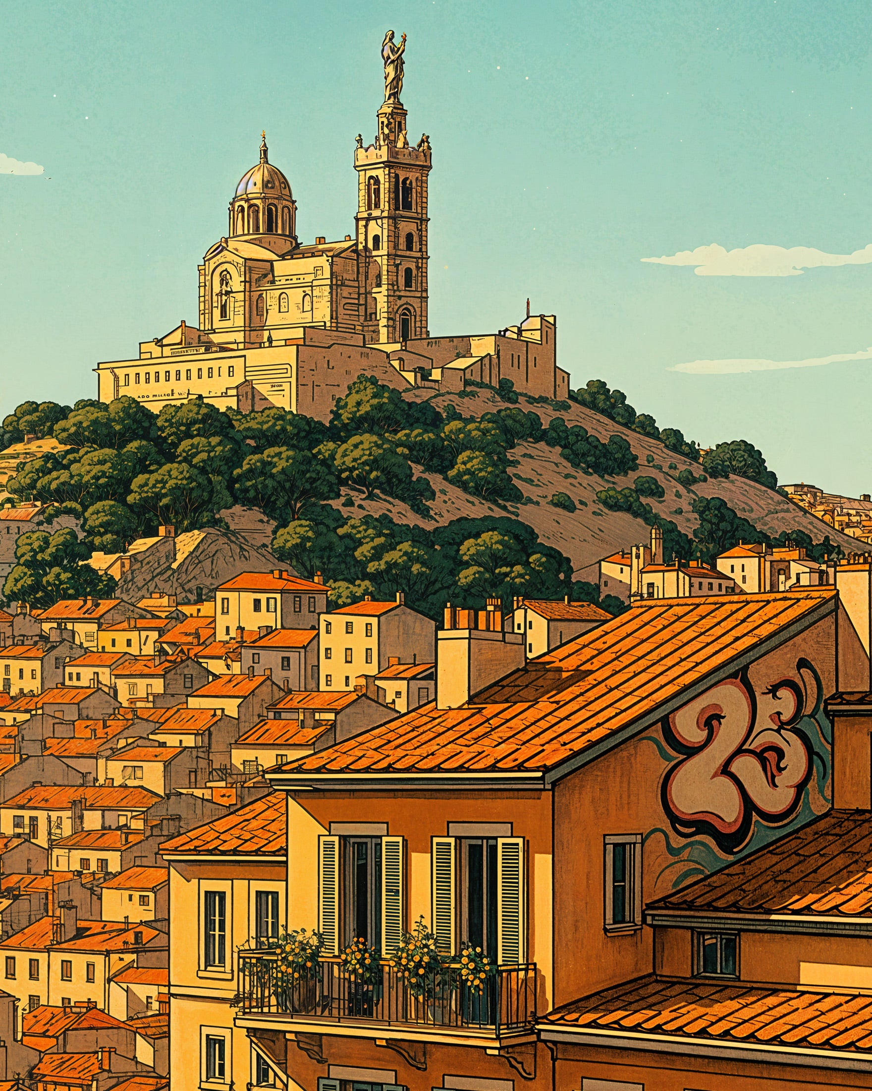 Marseille Affisch – Notre-Dame de la Garde Stadssilhuett Poster