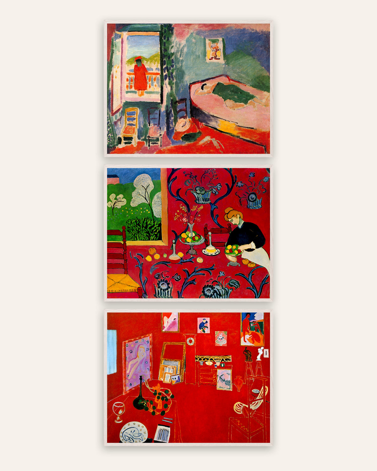 Matisse-postere, sett med 3: Interiør i Collioure, Harmoni i rødt og Det røde atelieret, i hvite eikerammer