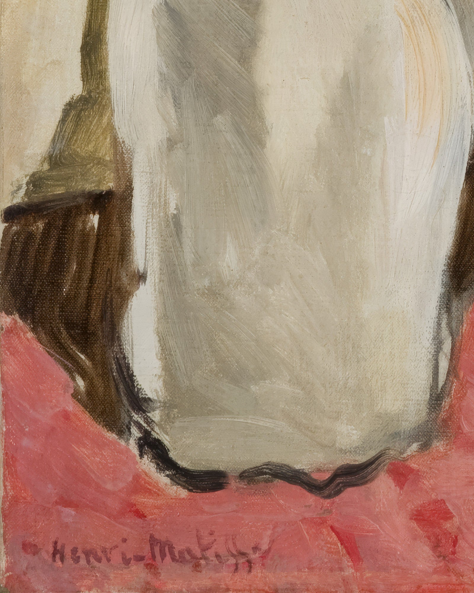 Abstract painting with a white form on a red background, signed 'Henri Matisse'.