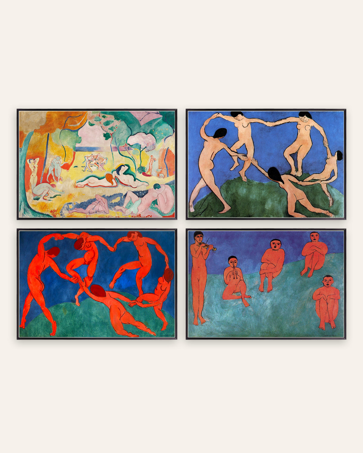 Matisse-postere, sett med 4: Livsglede, Dansen I og II og Musikk, i svarte metallrammer
