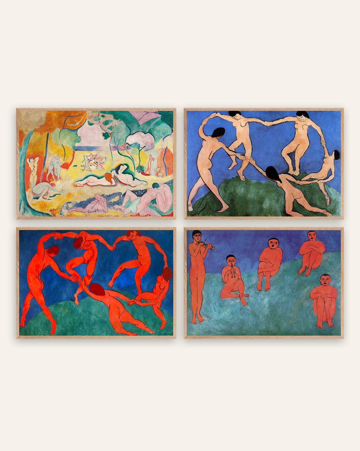 Matisse-postere, sett med 4: Livsglede, Dansen I og II og Musikk, i rammer av natureik