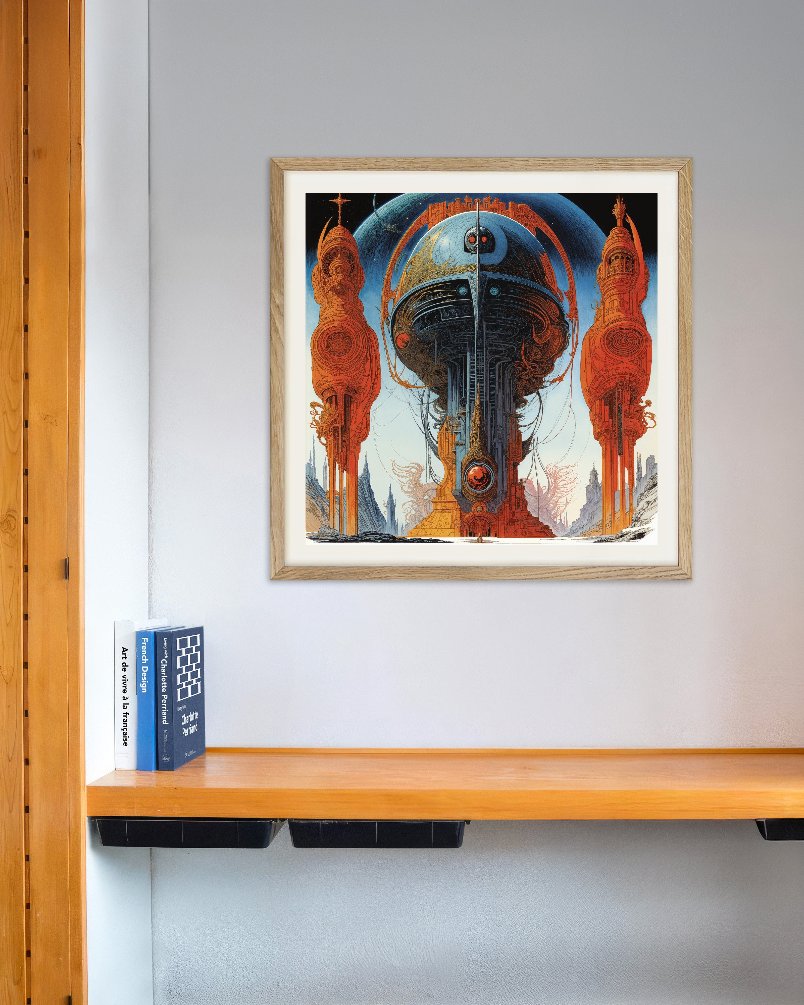 Poster of Mega Caryatids Sci‑Fi Architecture Art Print, with natural wooden frame