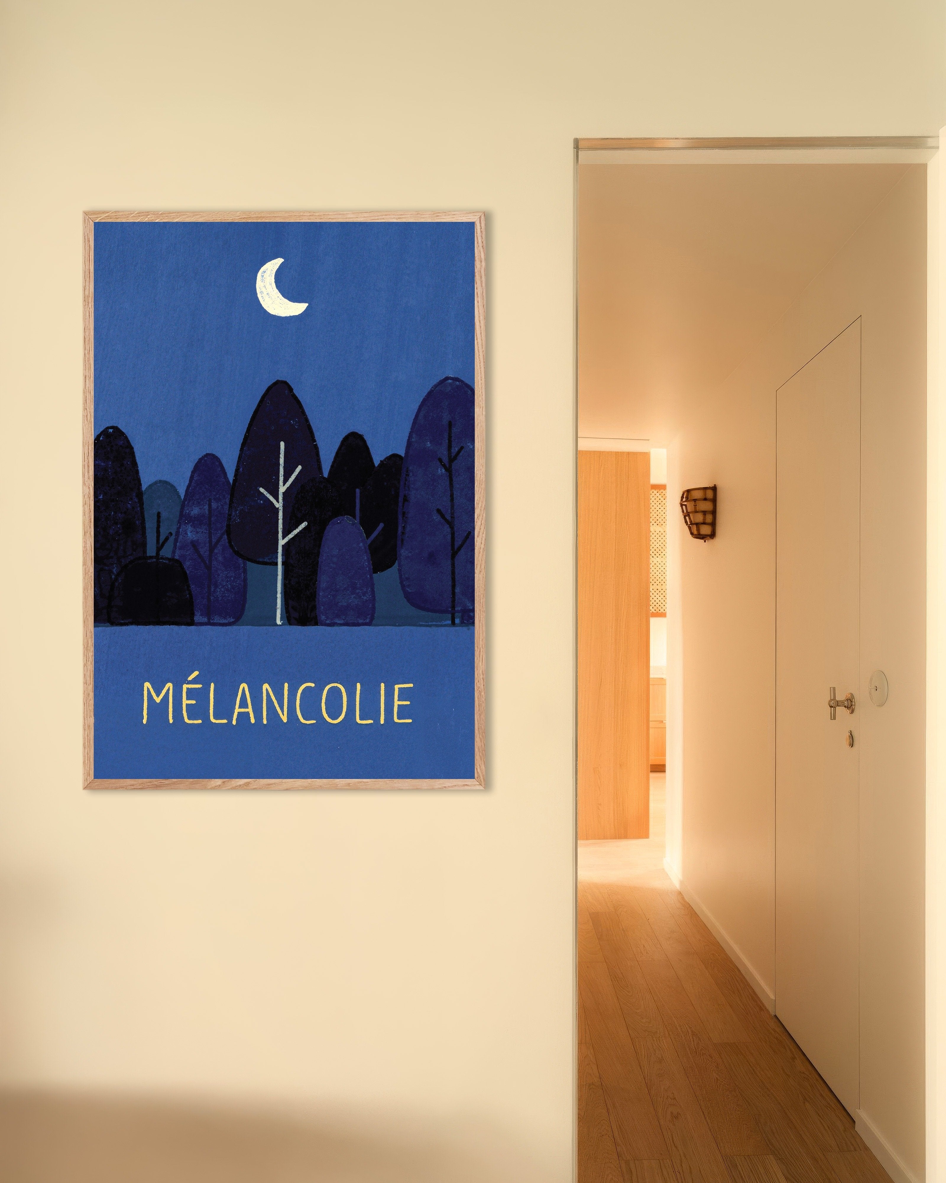 Poster of Mélancolie Moonlit Forest Poster, with natural wooden frame