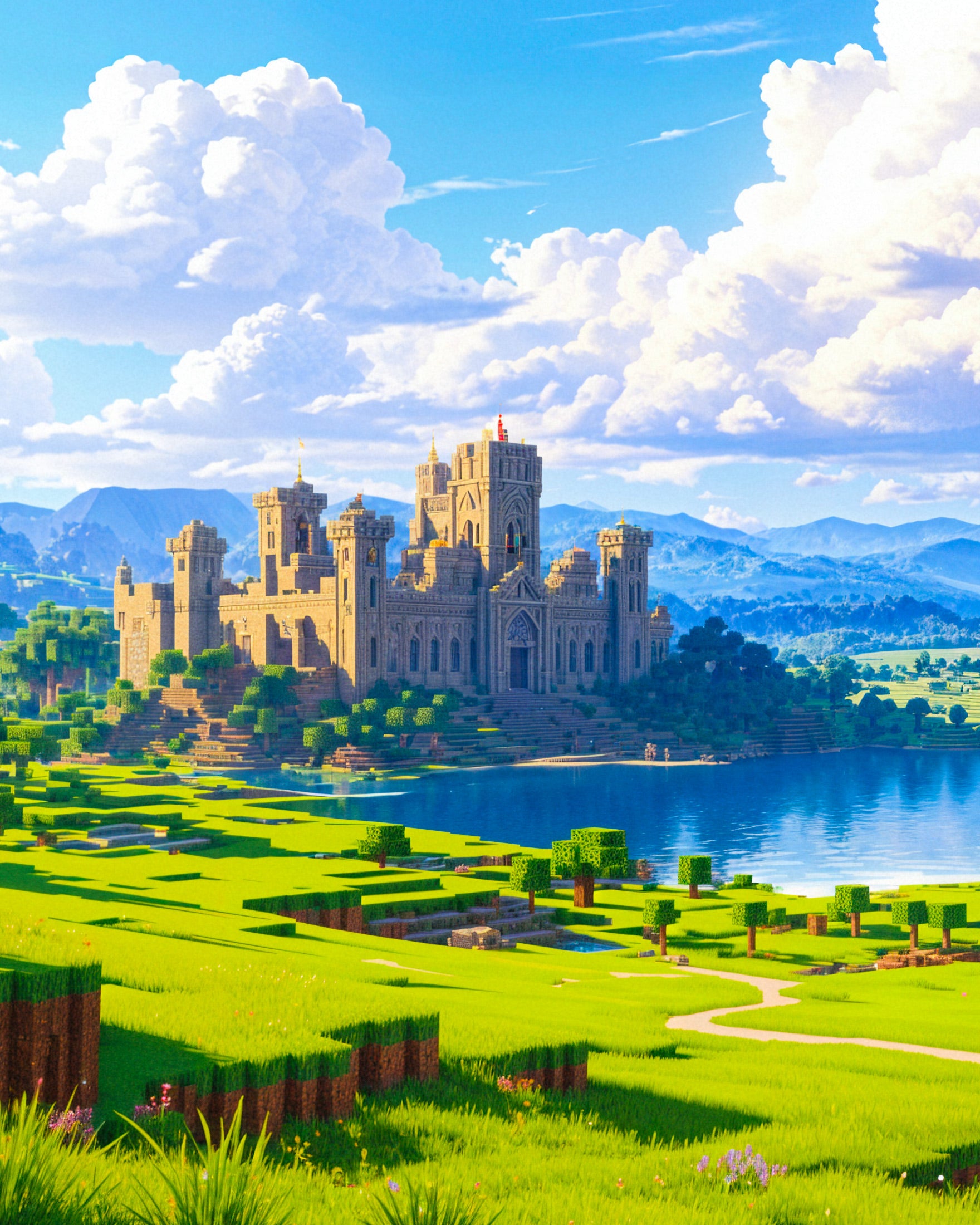 Minecraft, castelo e lago - Póster