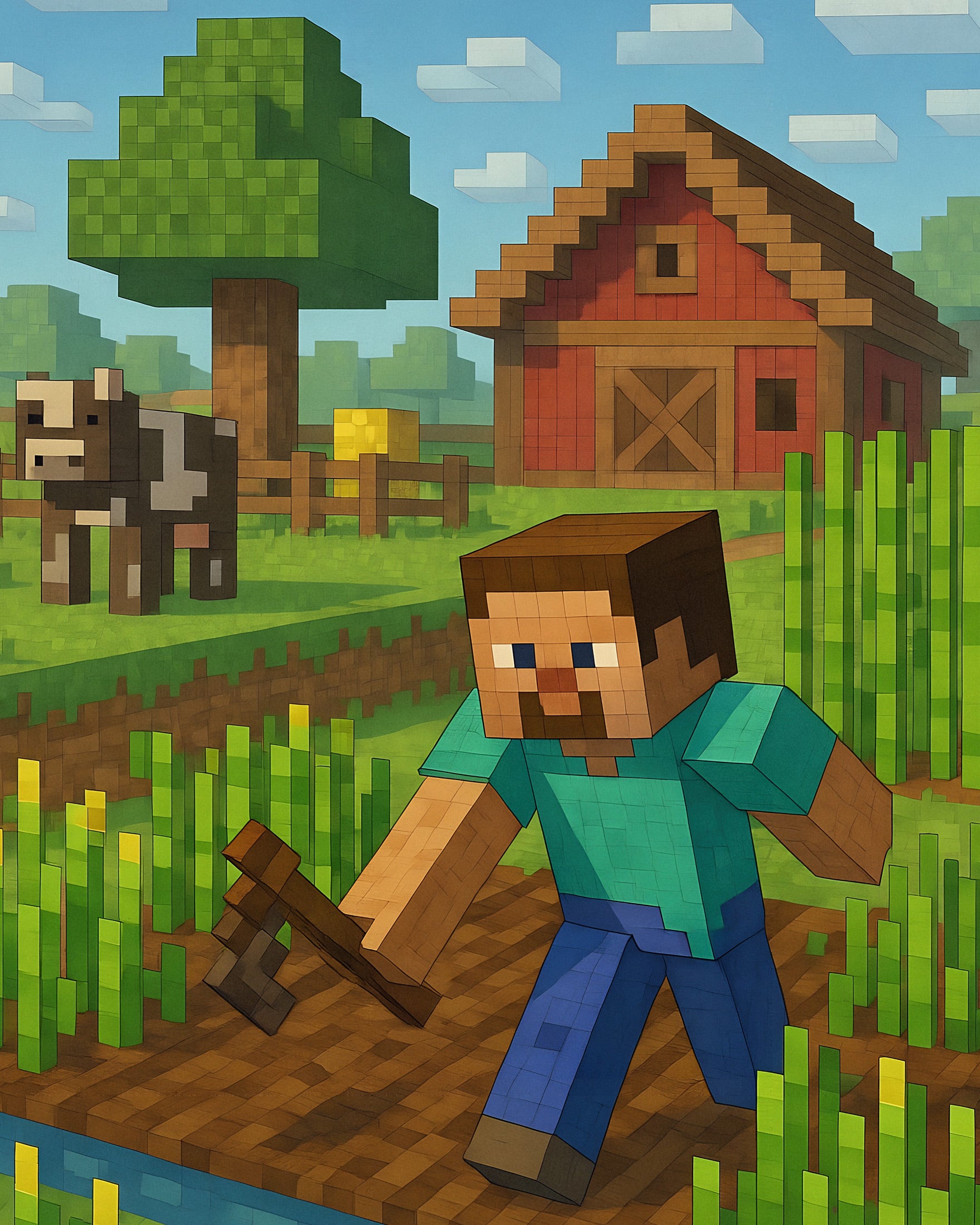 Minecraft gårdscene – åkre, låve og avlinger poster Plakat