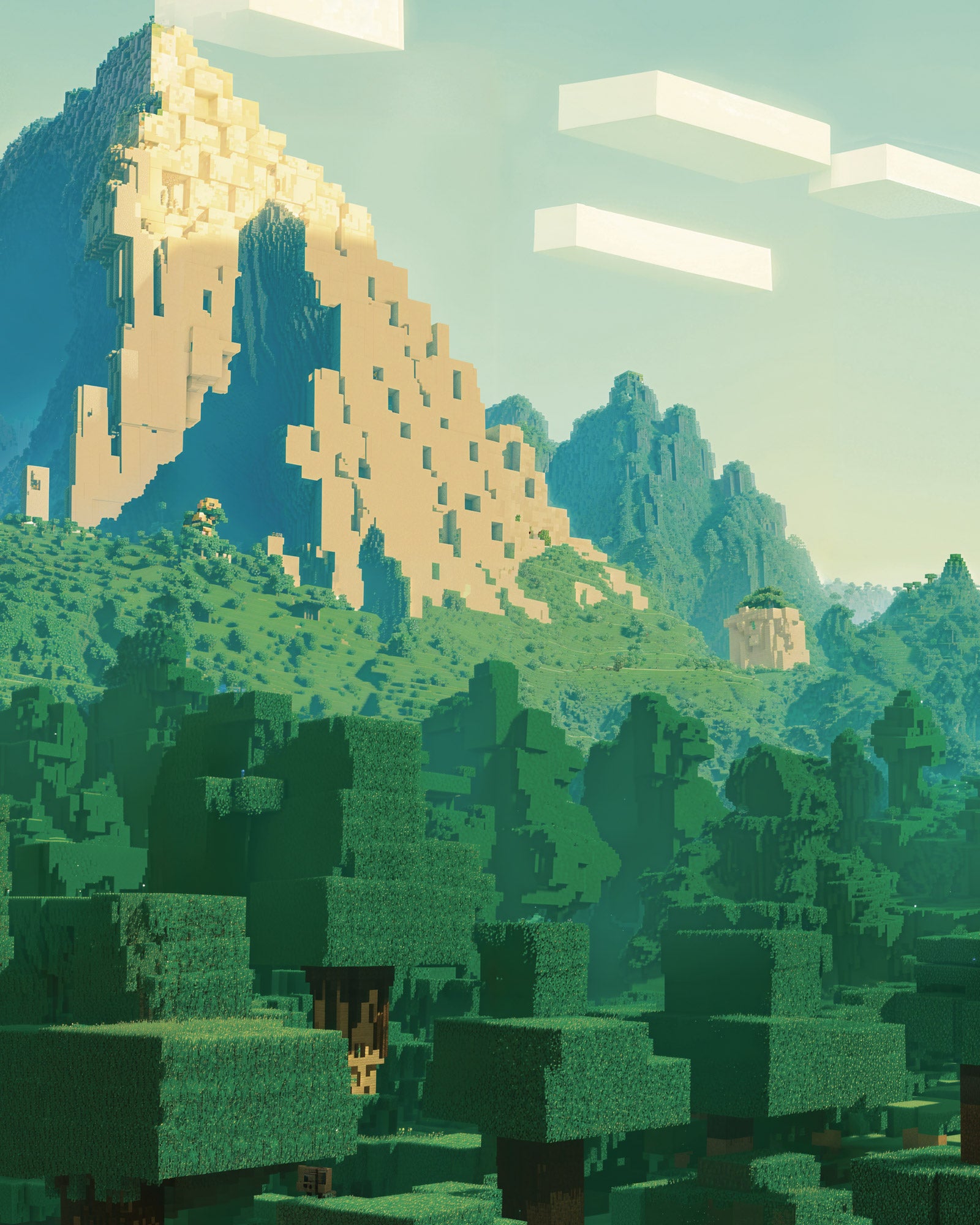 Pixelated Minecraft landscape with mountains and trees, resembling a video game scene.