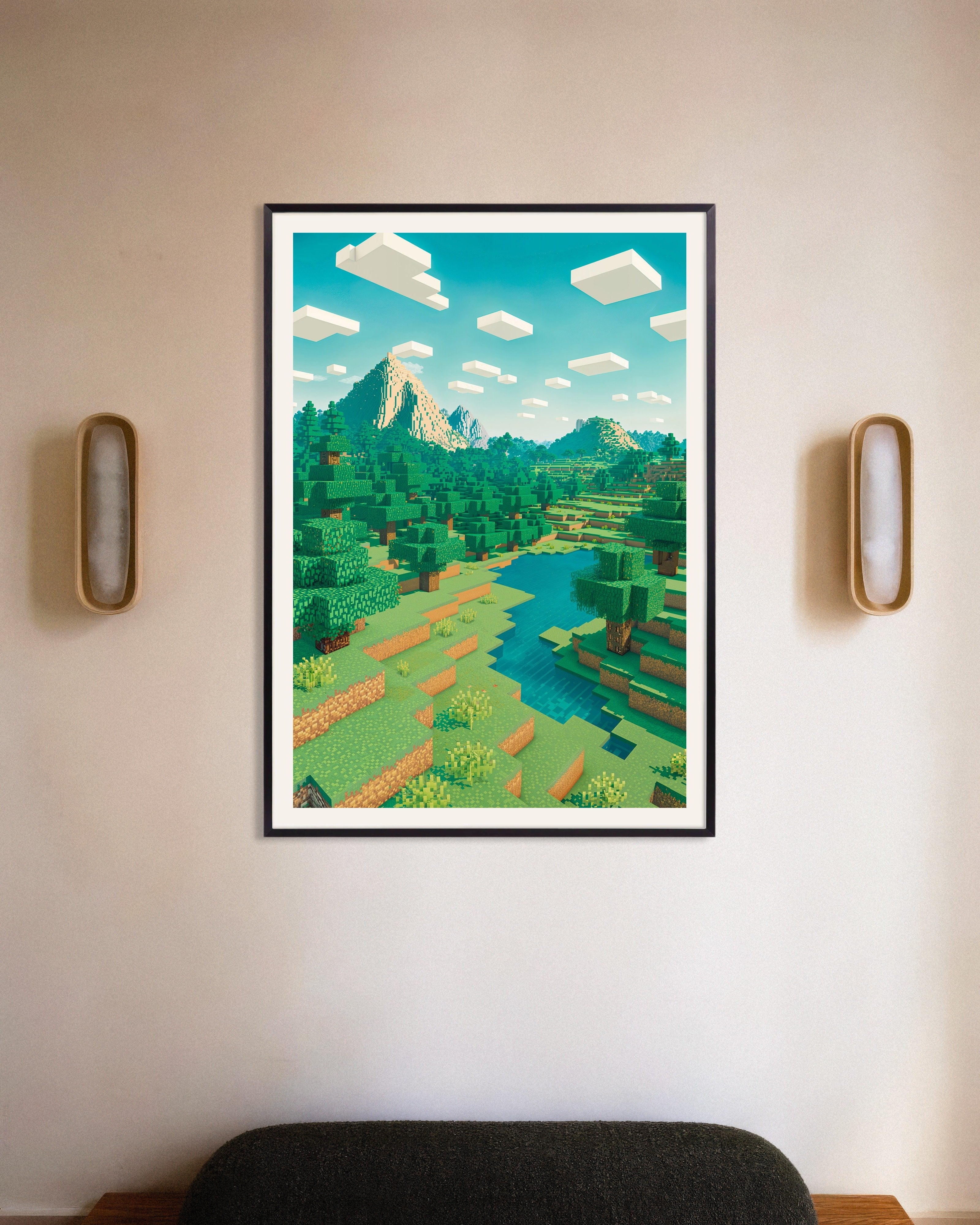 Poster of Minecraft Mountain Landscape – pixel art fan poster, with metal frame