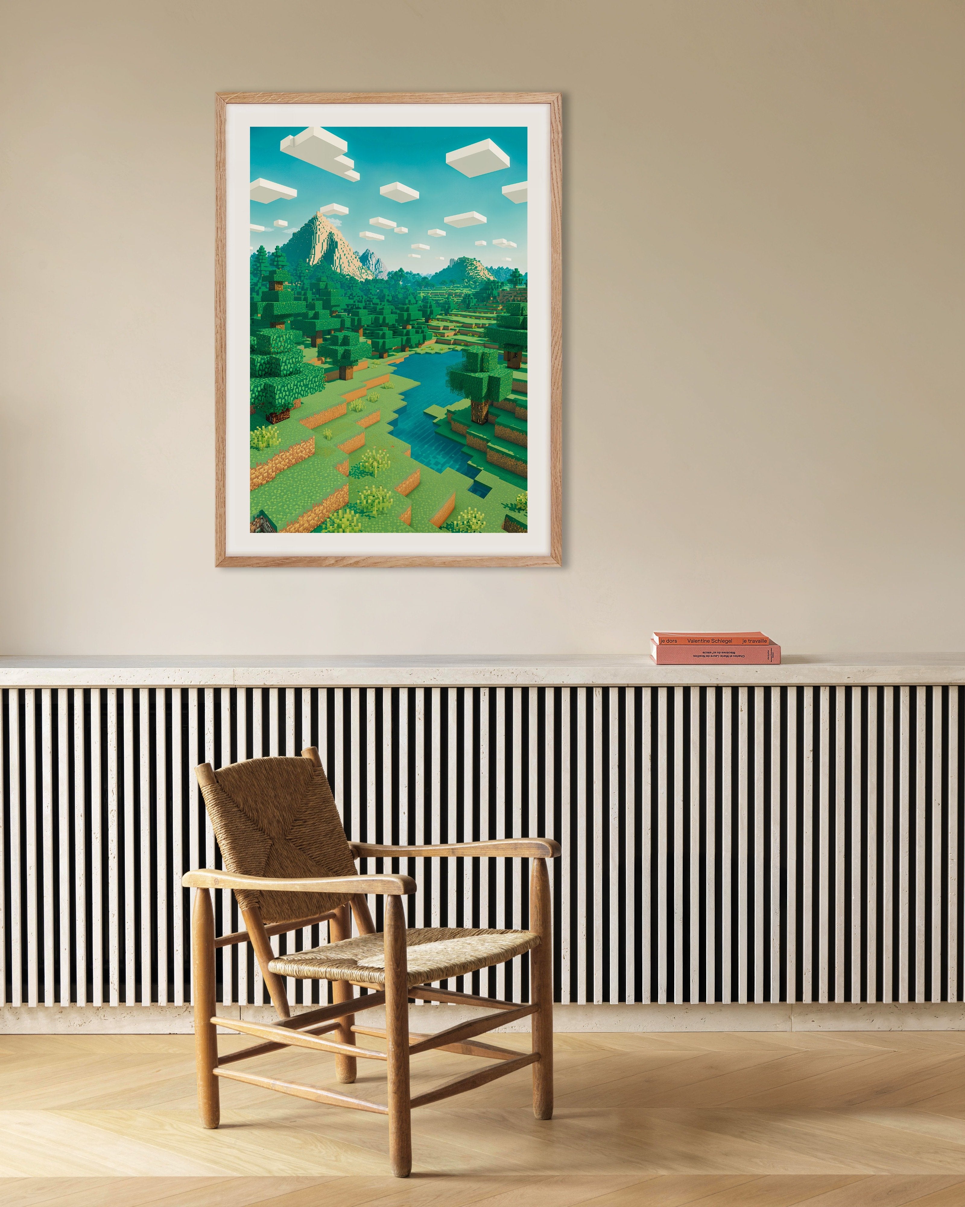 Poster of Minecraft Mountain Landscape – pixel art fan poster, with natural wooden frame