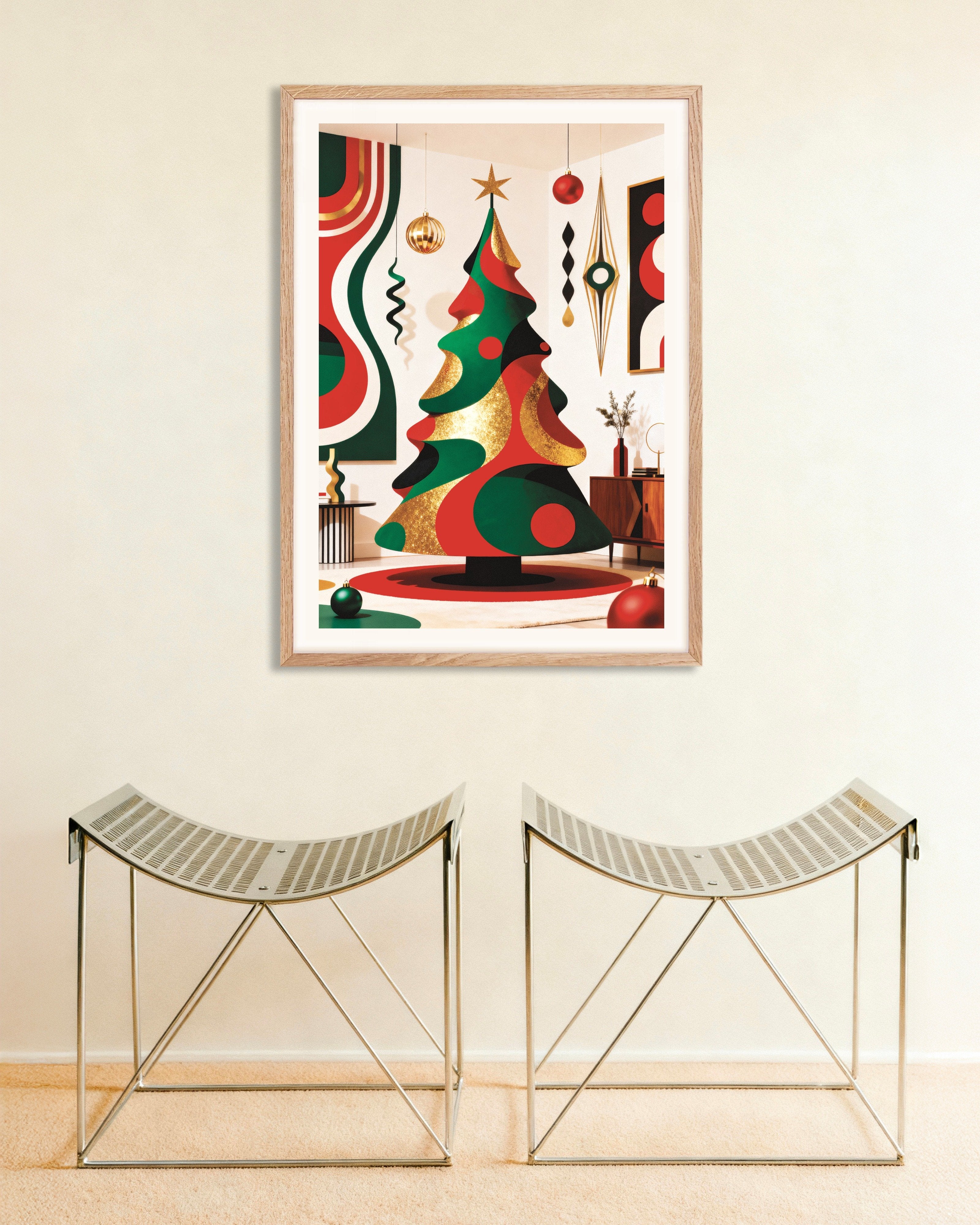 Poster of Modern design Christmas tree poster, with natural wooden frame