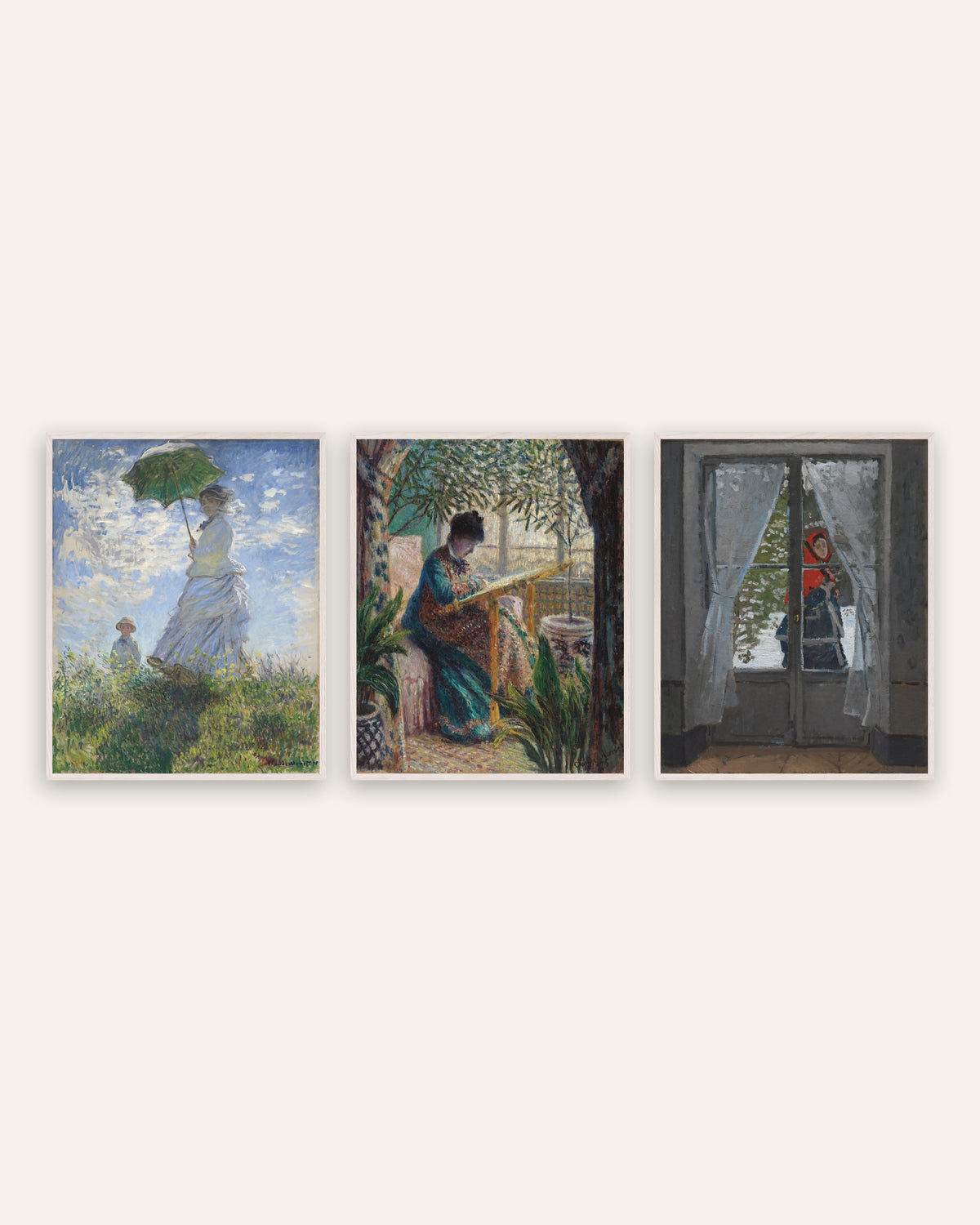 Monet Camille postere, sett med 3: Kvinne med parasoll og rødt skjerf, i hvite eikerammer