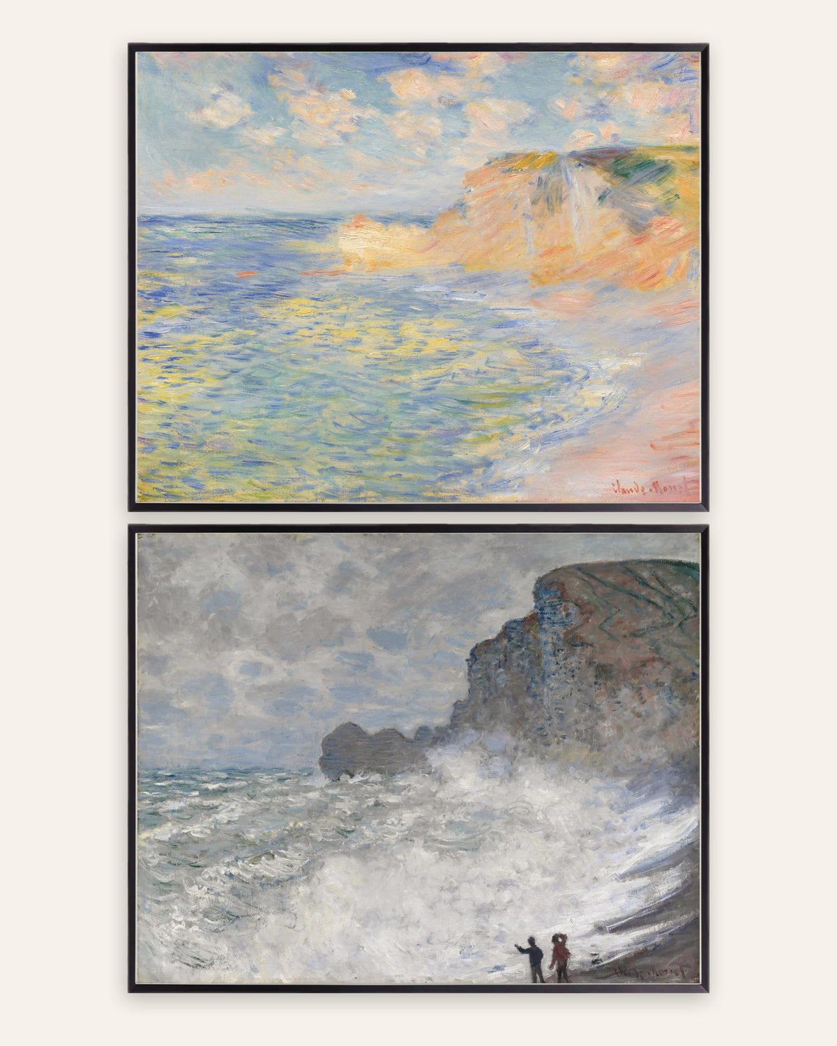 Monet Étretat postere, sett med 2: Falaise d’Amont og uvær, i svarte metallrammer