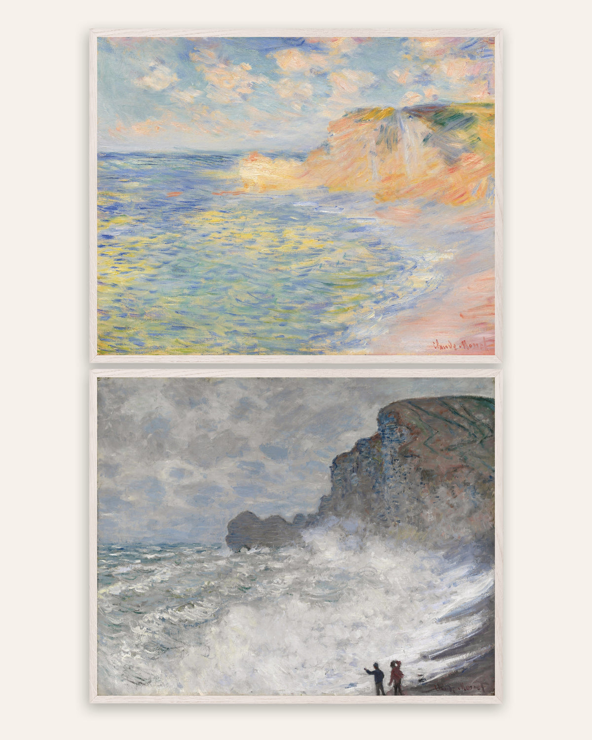 Monet Étretat postere, sett med 2: Falaise d’Amont og uvær, i hvite eikerammer