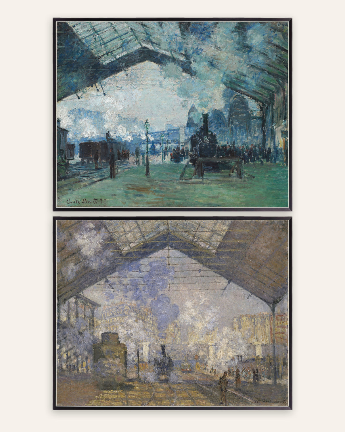 Monet Gare Saint-Lazare postere, sett med 2: damp og tog, i svarte metallrammer