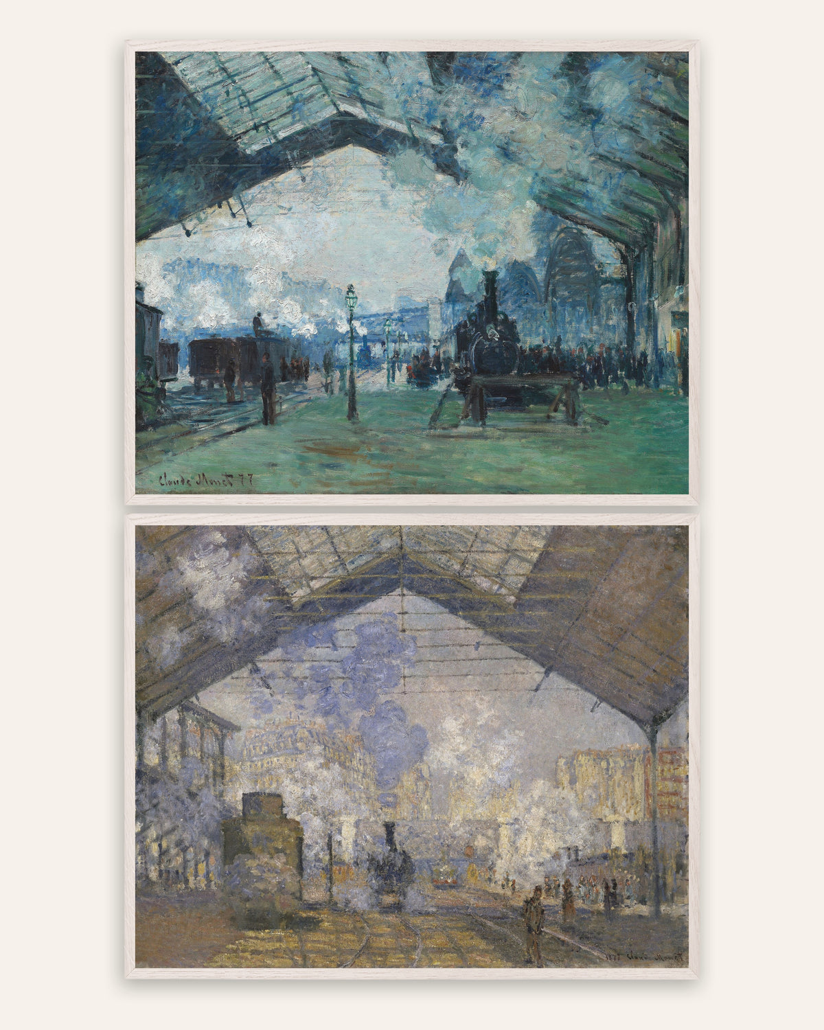 Monet Gare Saint-Lazare postere, sett med 2: damp og tog, i hvite eikerammer