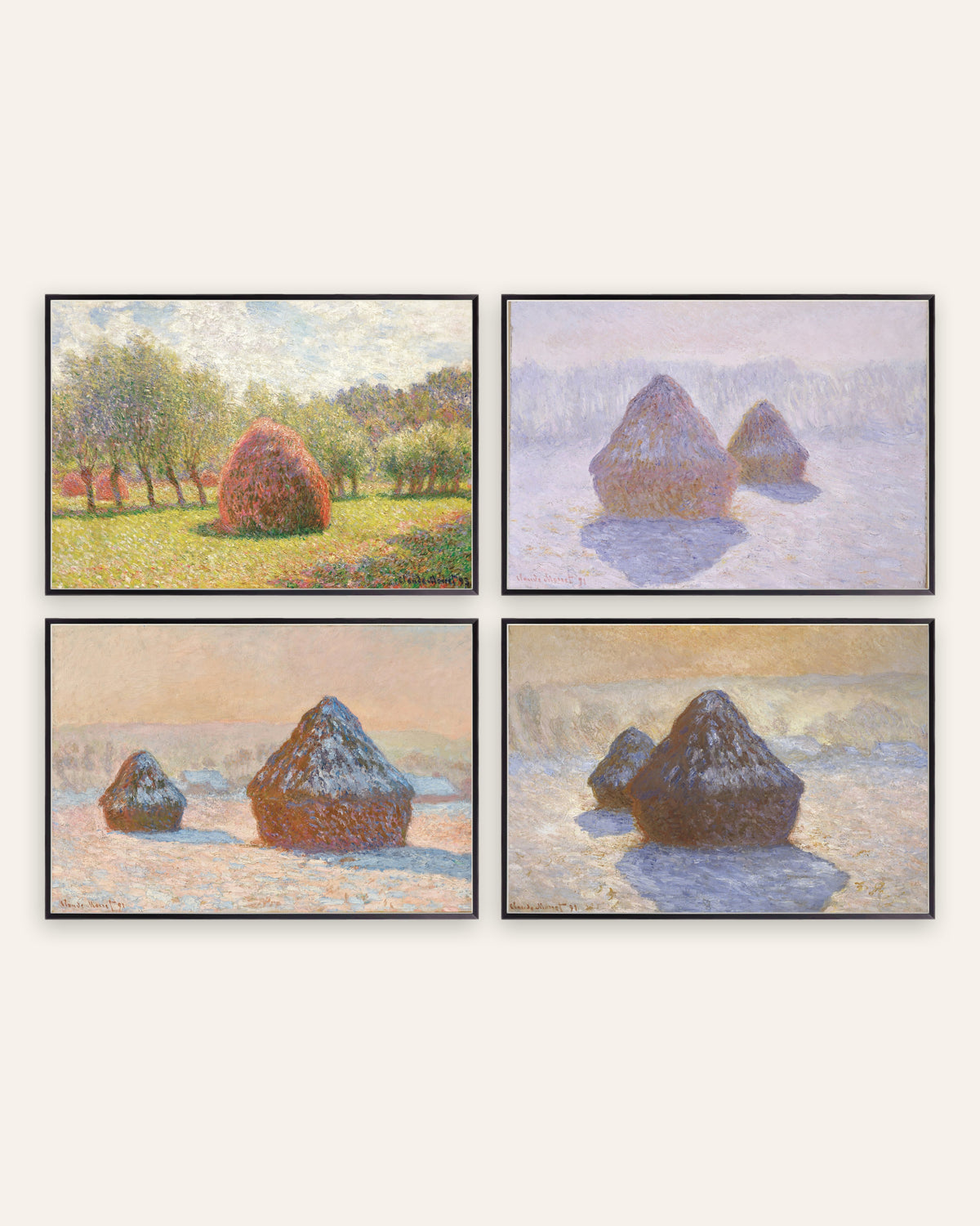 Monet Høystakker postere, sett med 4: fra sommer til snø, i svarte metallrammer