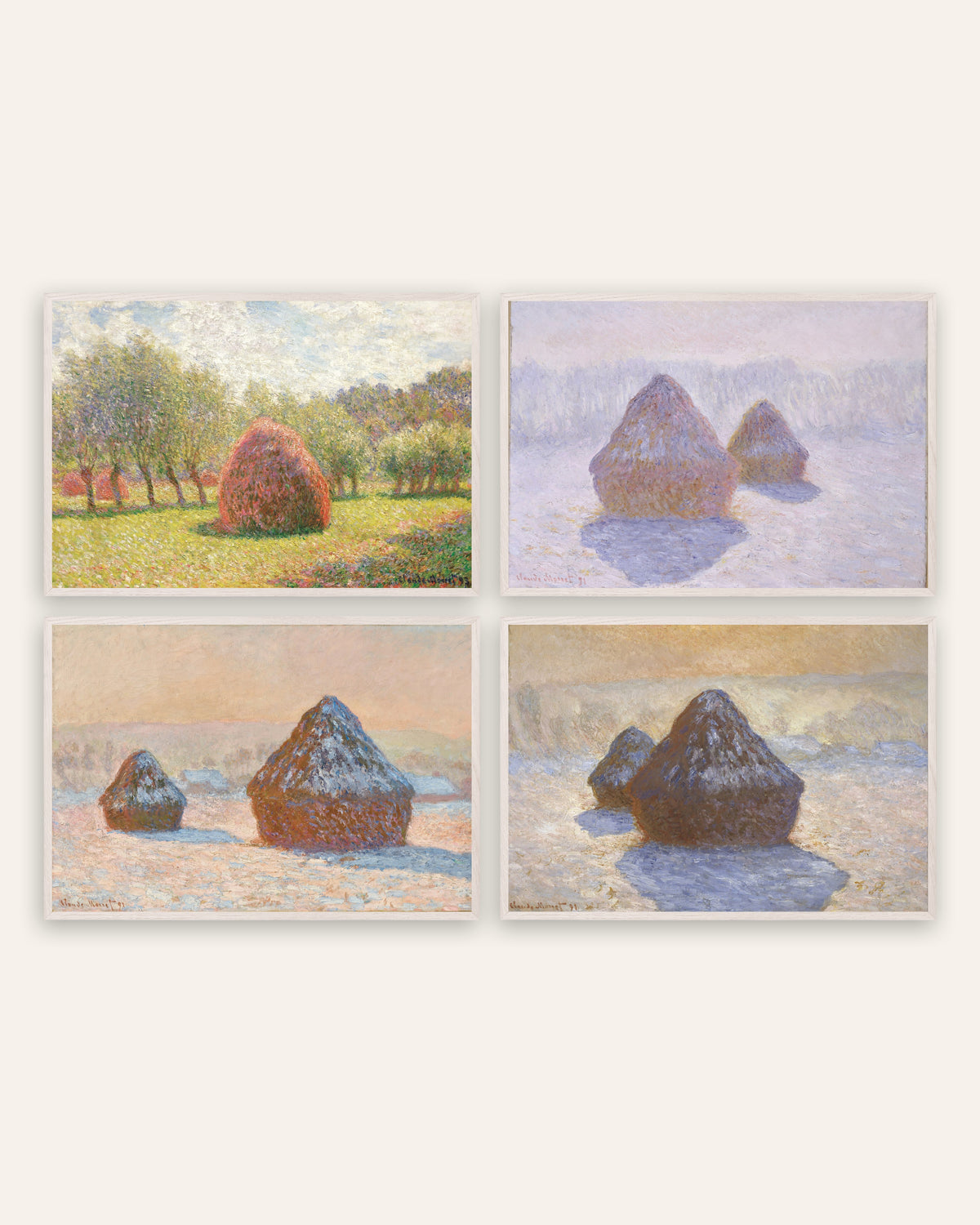 Monet Høystakker postere, sett med 4: fra sommer til snø, i hvite eikerammer