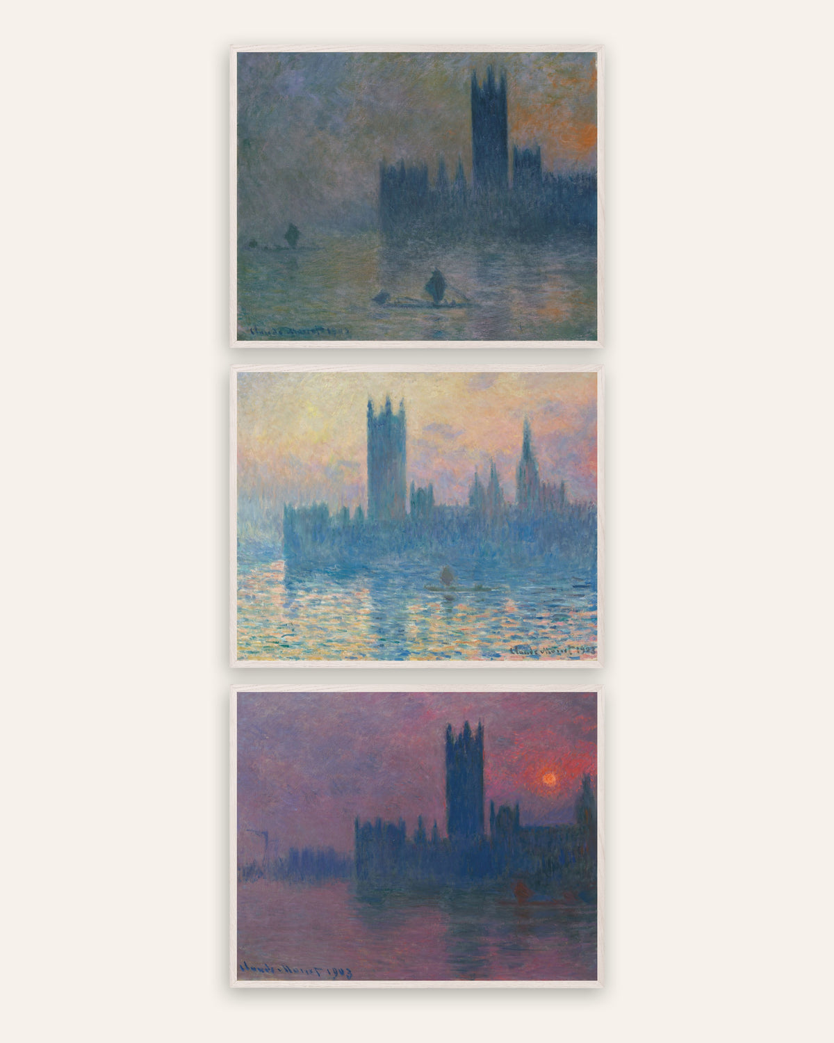 Monet Parlamentet postere, sett med 3: tåke og solnedgang, i hvite eikerammer