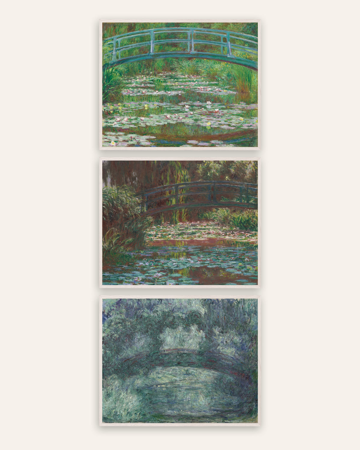 Monet Japanese Bridge Prints Set of 3 – Giverny, 1899 to 1924, prints in white oak frames