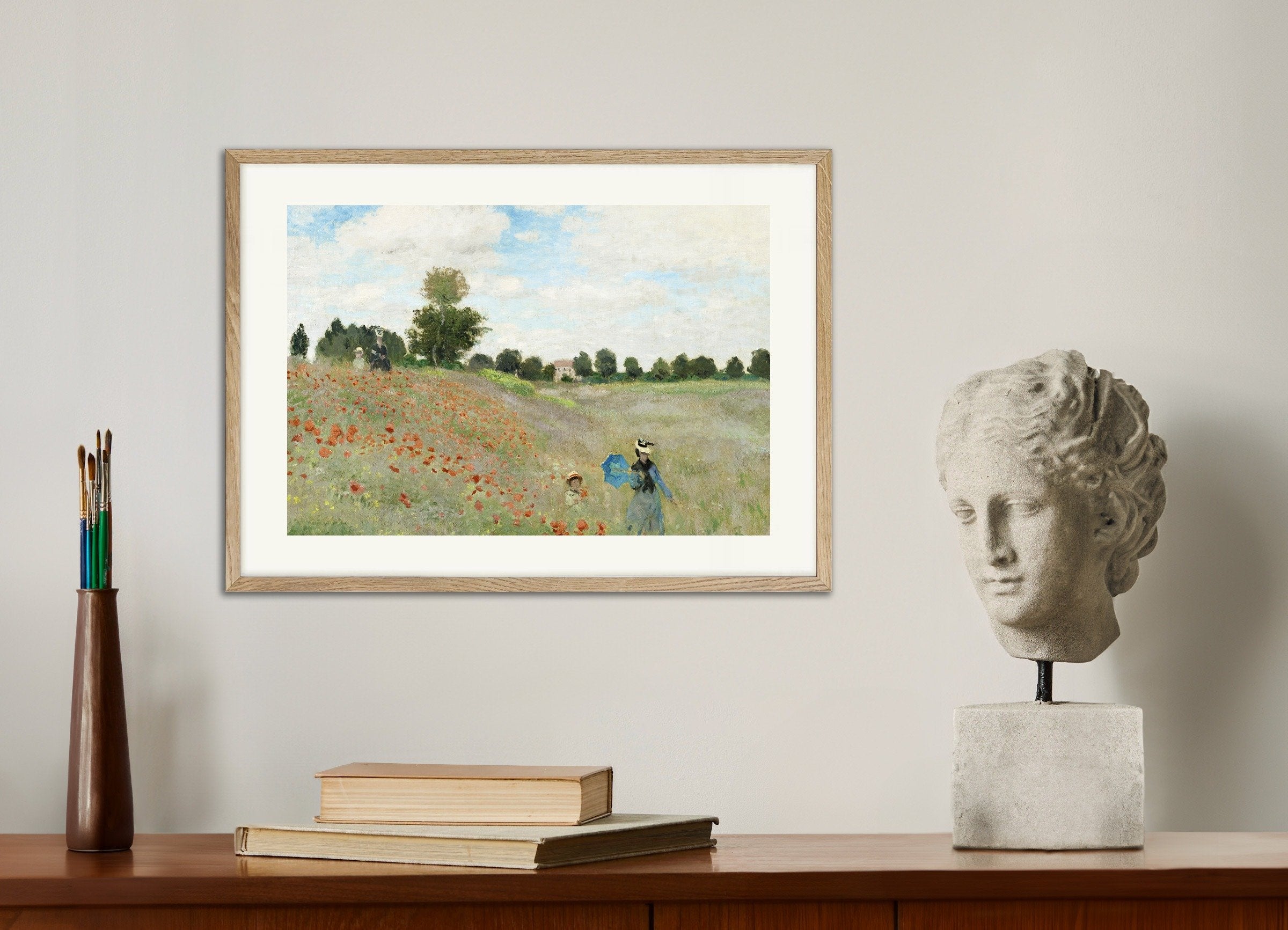 Poster of Monet Poppy field, with natural wooden frame