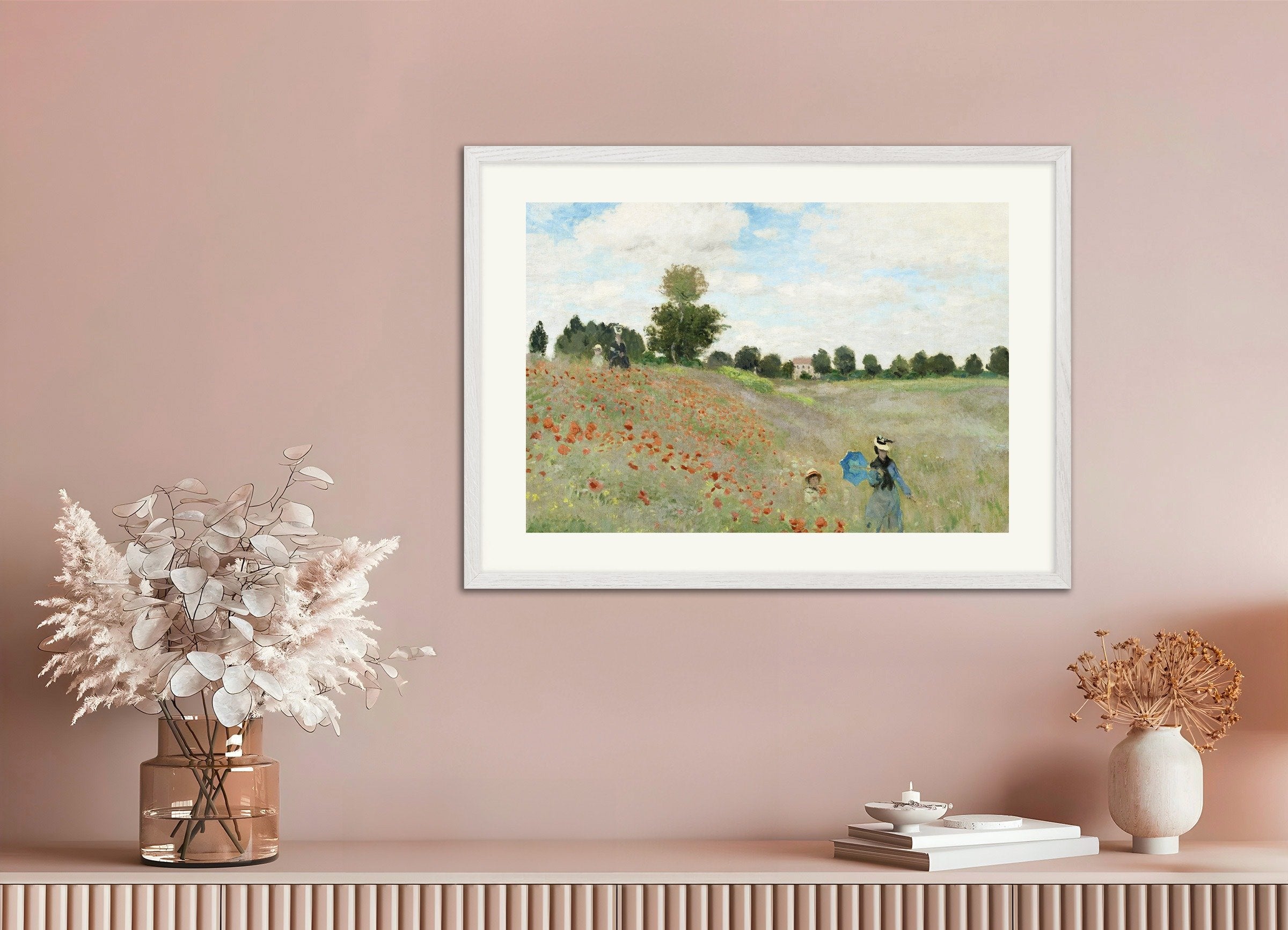 Poster of Monet Poppy field, with white wooden frame