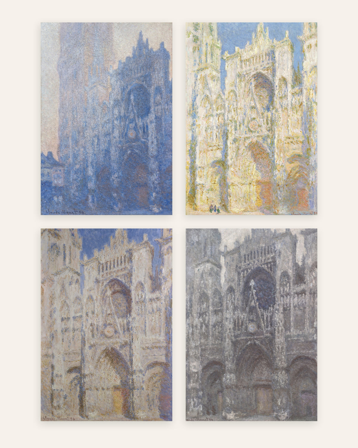 Monet Rouen Cathedral Prints Set of 4 – Morning to Gray Weather, prints without frame
