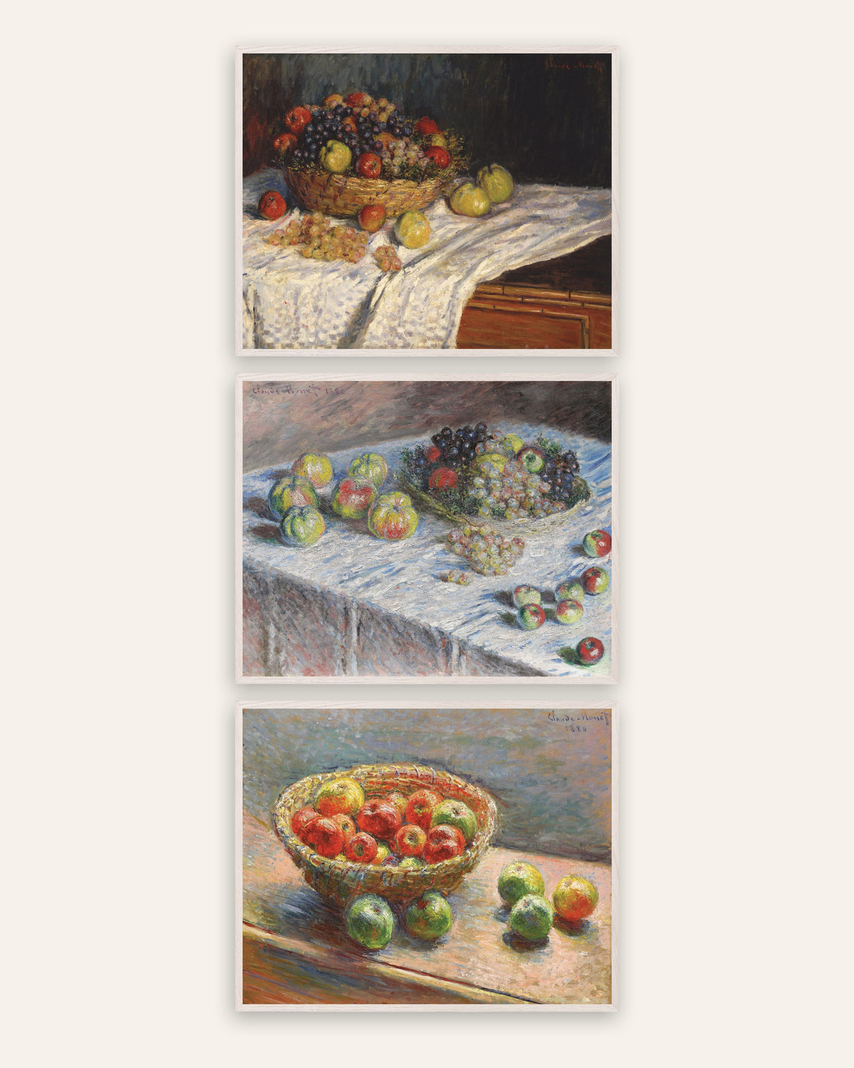 Monet Stilleben postere, sett med 3: epler, druer og kurv, i hvite eikerammer