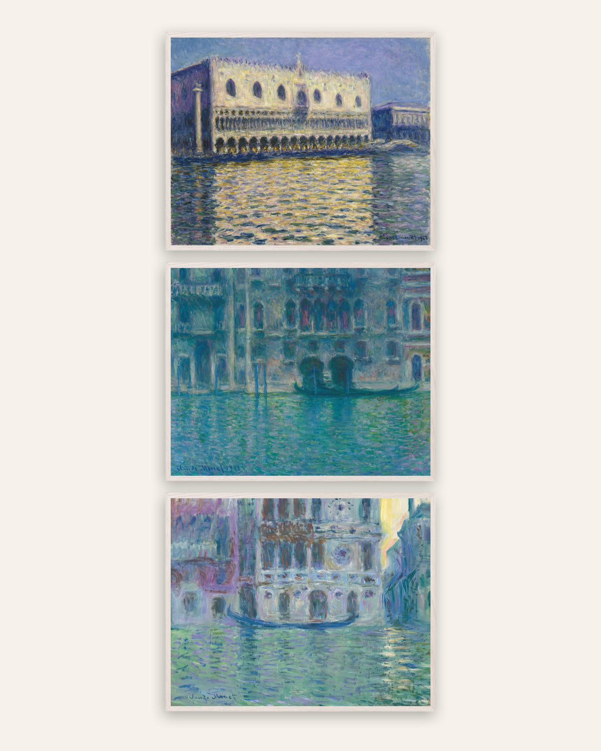 Monet Venezia postere, sett med 3: Dogepalasset, da Mula og Dario, i hvite eikerammer