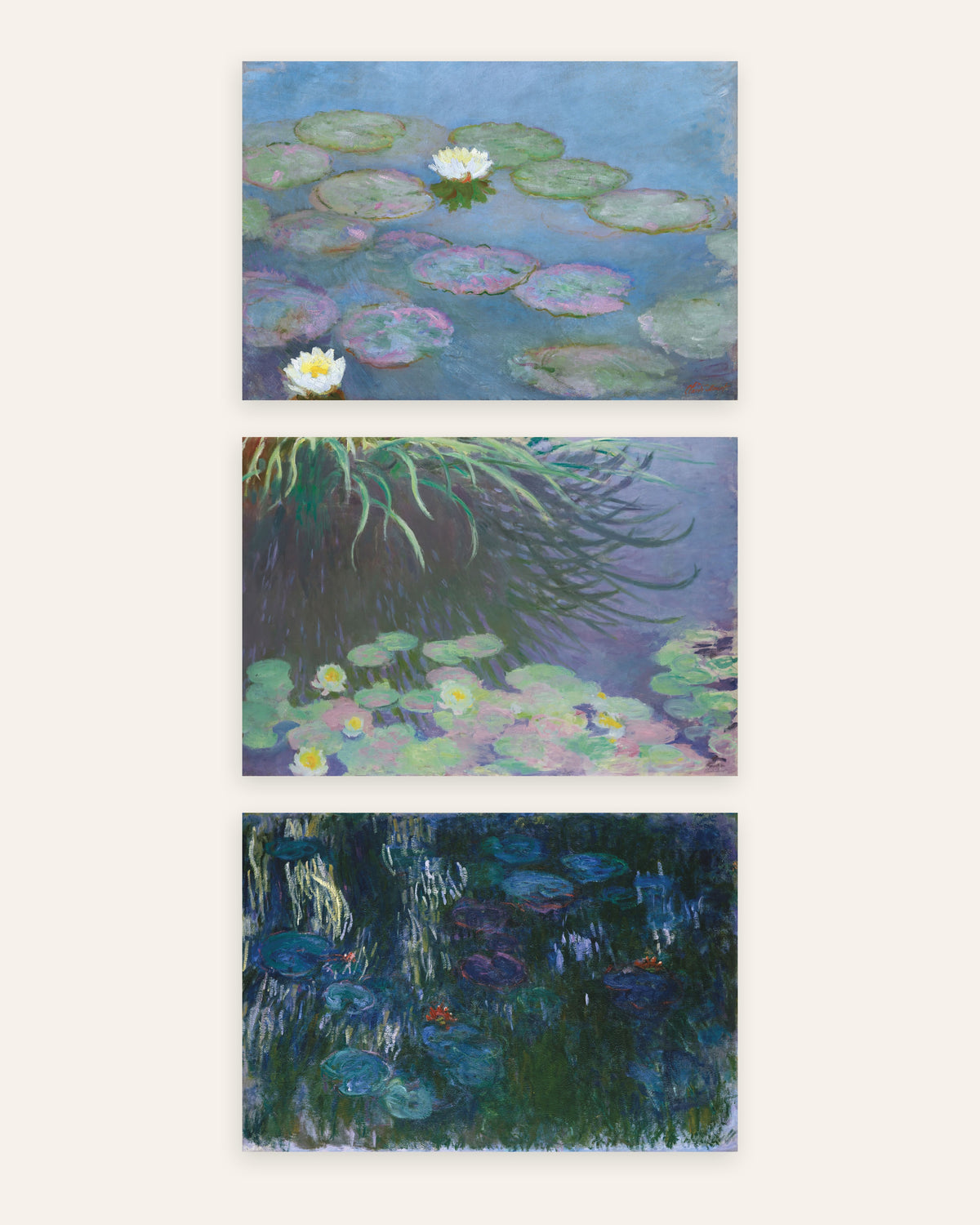 Monet Vannliljer postere, sett med 3: tidlige og sene panoramaer, uten ramme