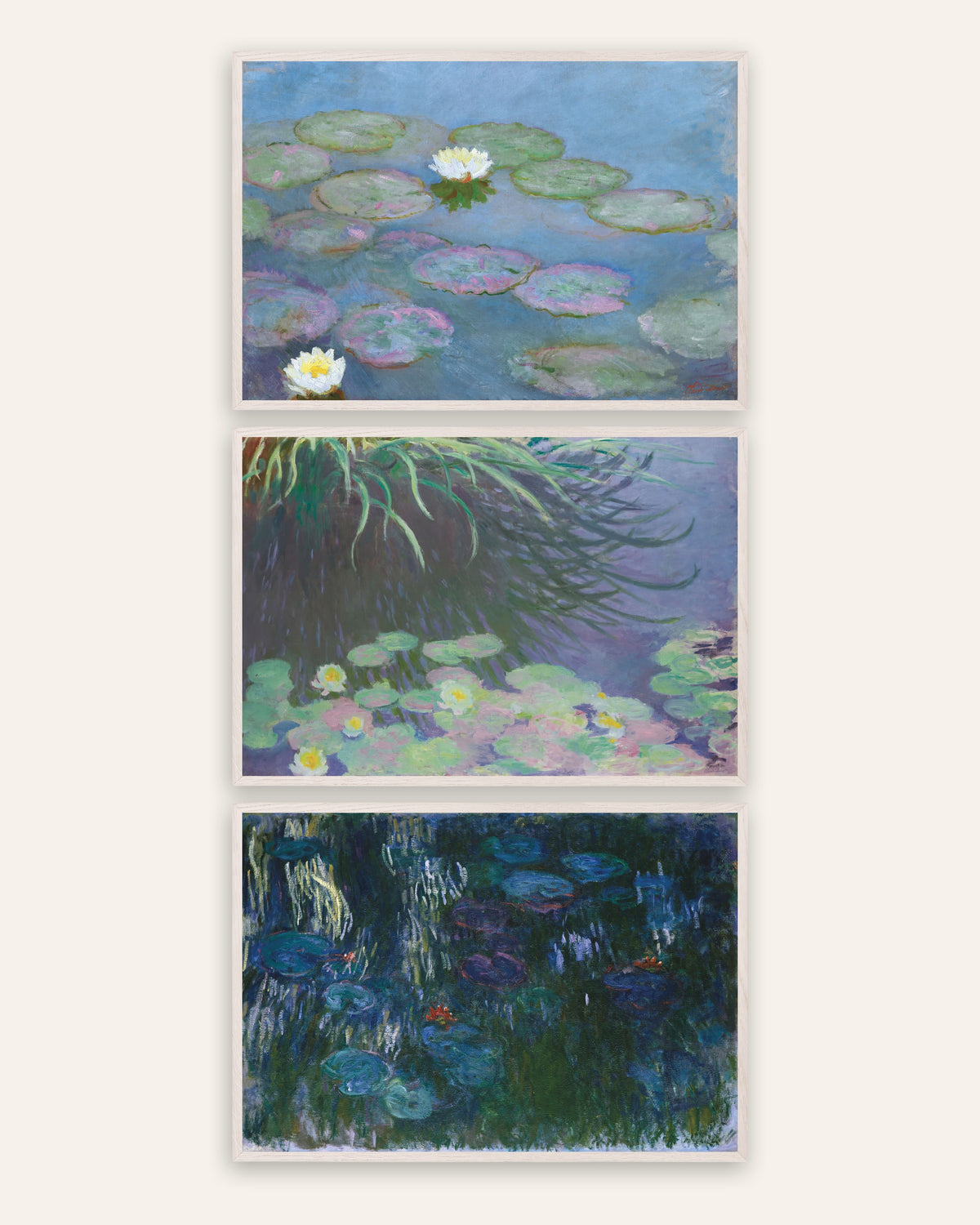 Monet Vannliljer postere, sett med 3: tidlige og sene panoramaer, i hvite eikerammer