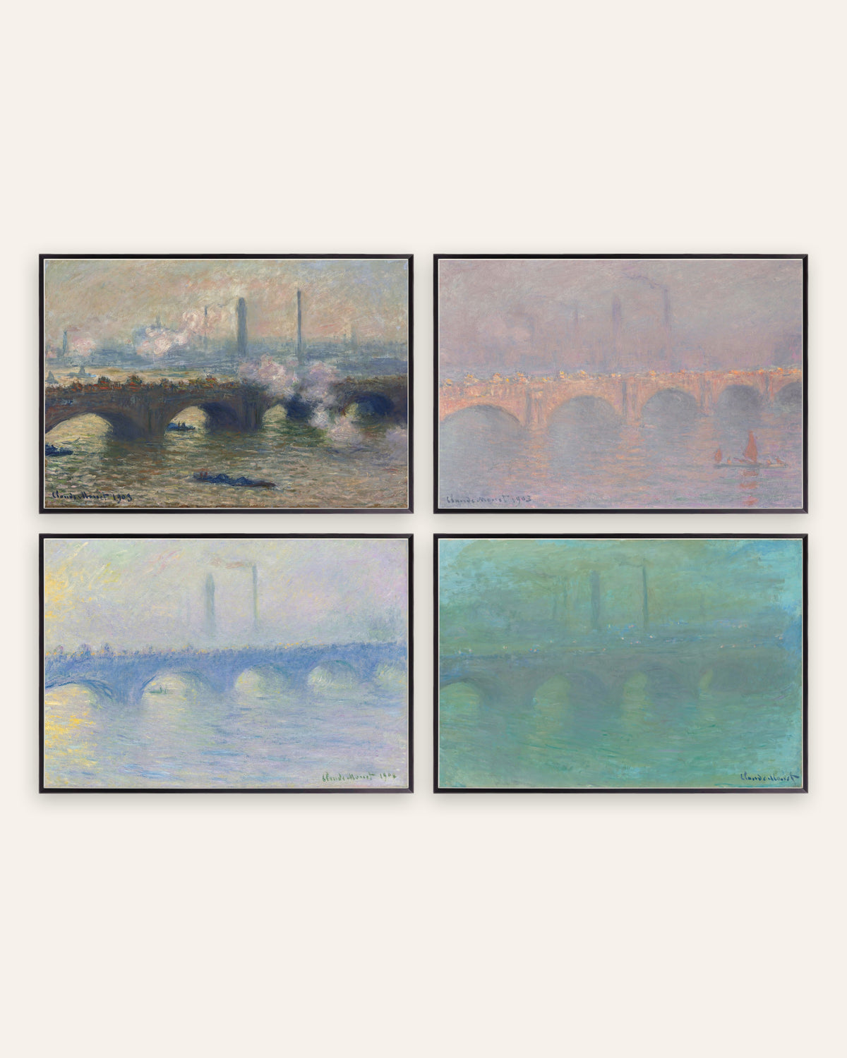Monet Waterloo Bridge postere, sett med 4: grå dag, sol, dis og skumring, i svarte metallrammer