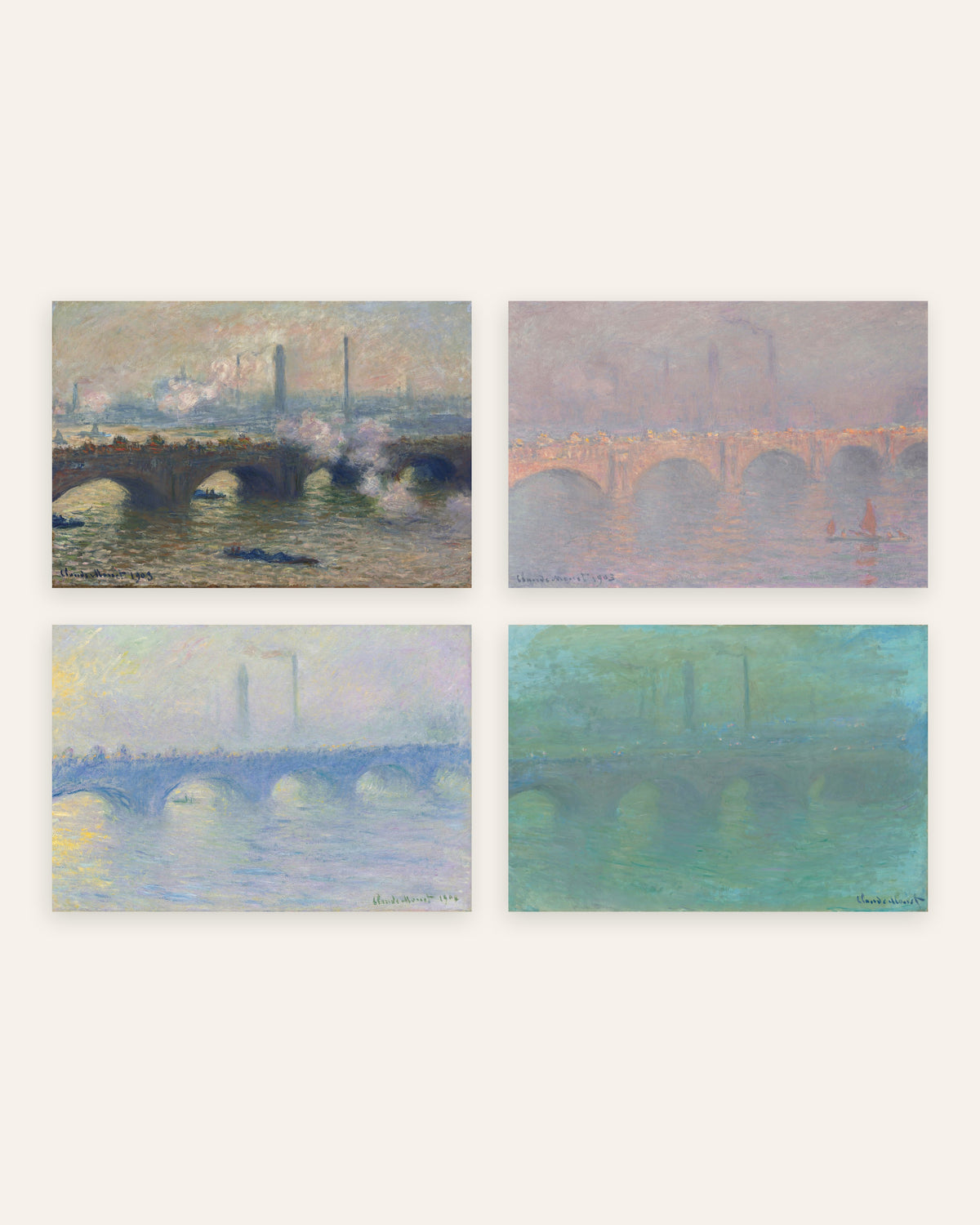 Monet Waterloo Bridge postere, sett med 4: grå dag, sol, dis og skumring, uten ramme
