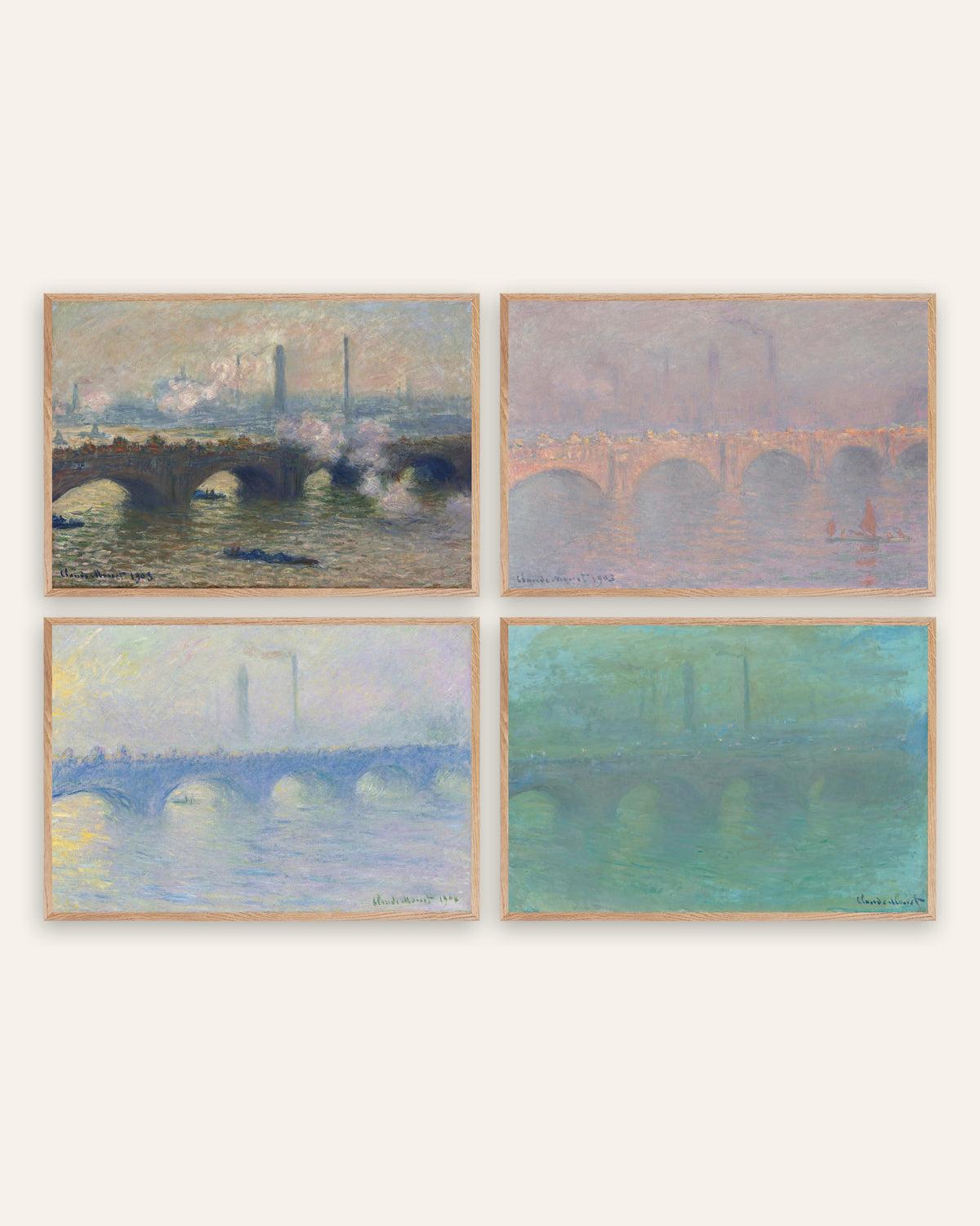 Monet Waterloo Bridge postere, sett med 4: grå dag, sol, dis og skumring, i rammer av natureik