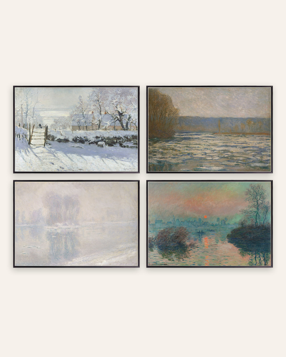 Monet Vinter postere, sett med 4: Skjæra, is og vintersolnedgang, i svarte metallrammer
