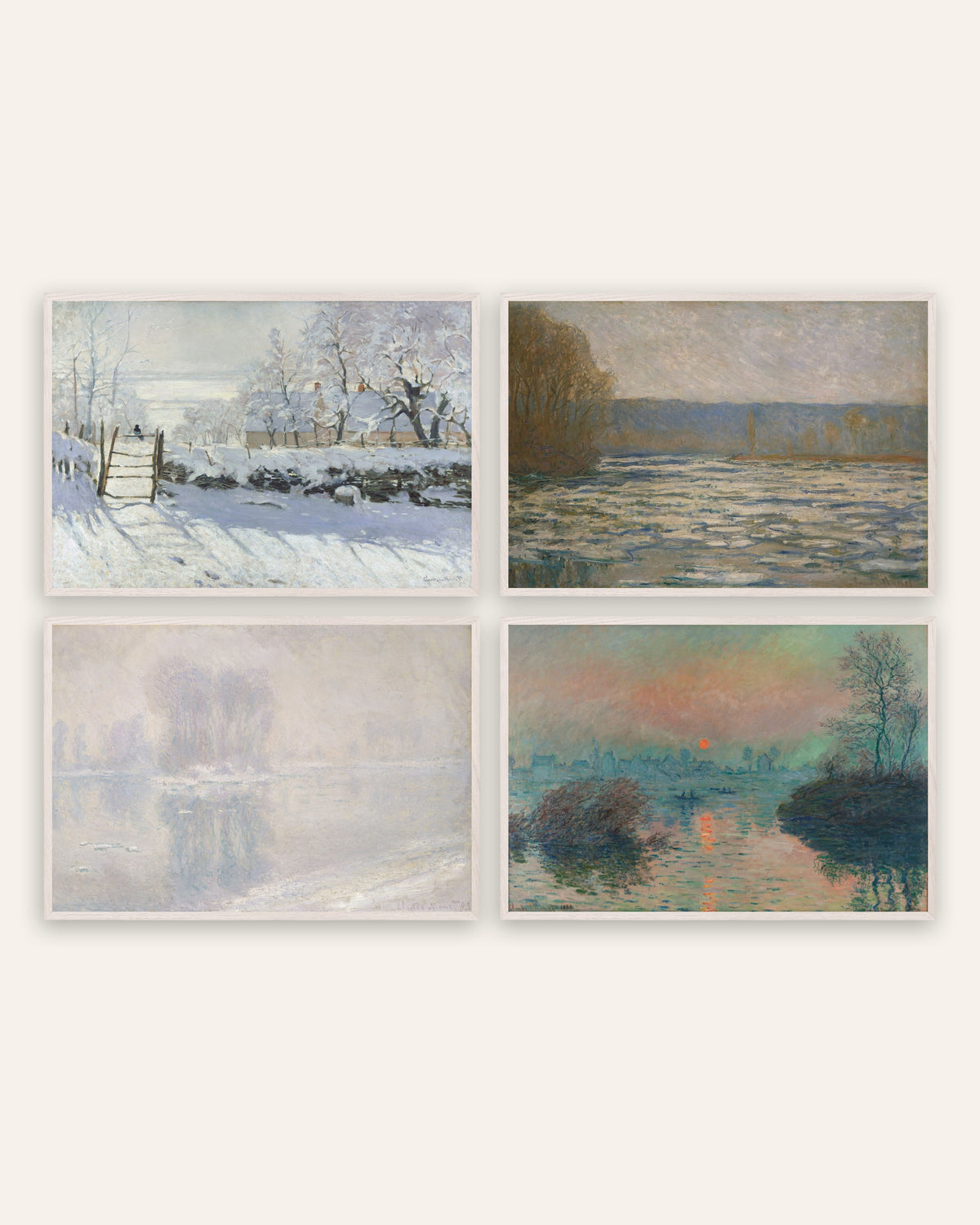 Monet Vinter postere, sett med 4: Skjæra, is og vintersolnedgang, i hvite eikerammer