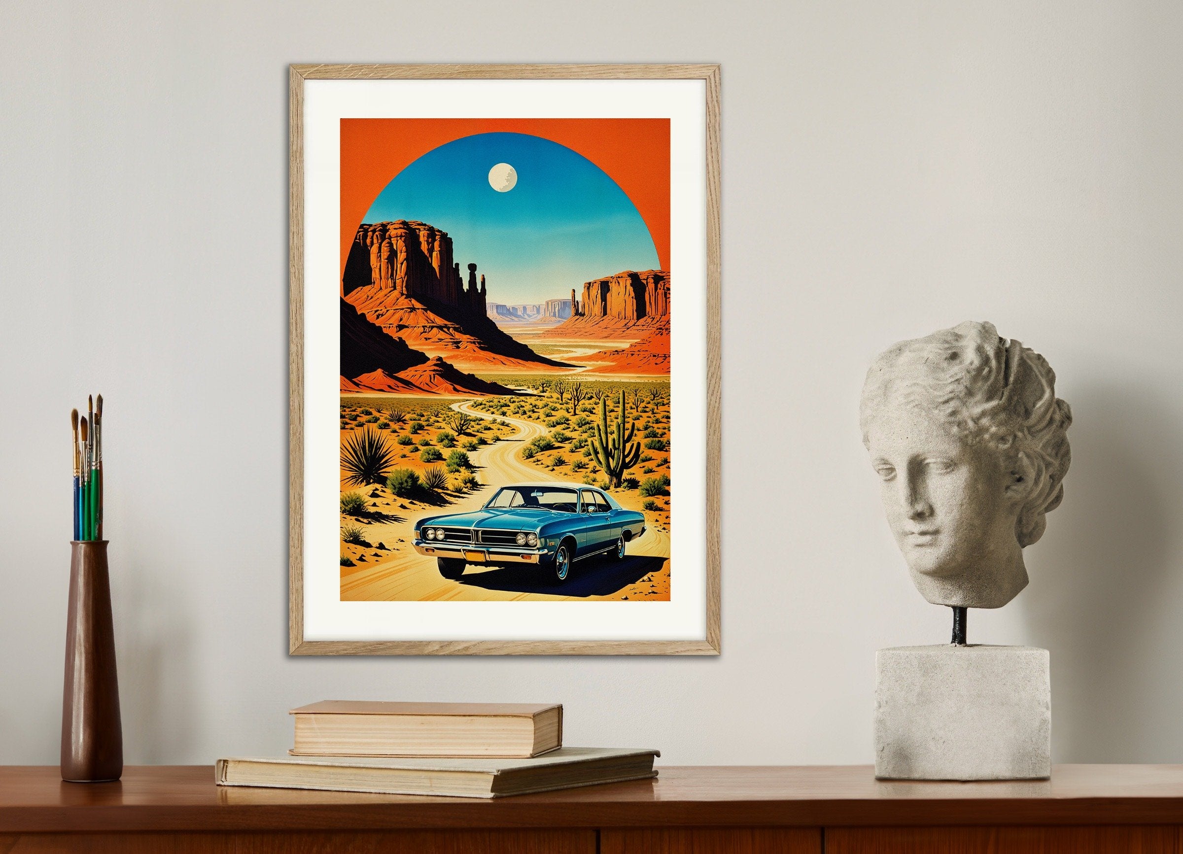 Poster of Monument Valley American Vintage Poster, with natural wooden frame