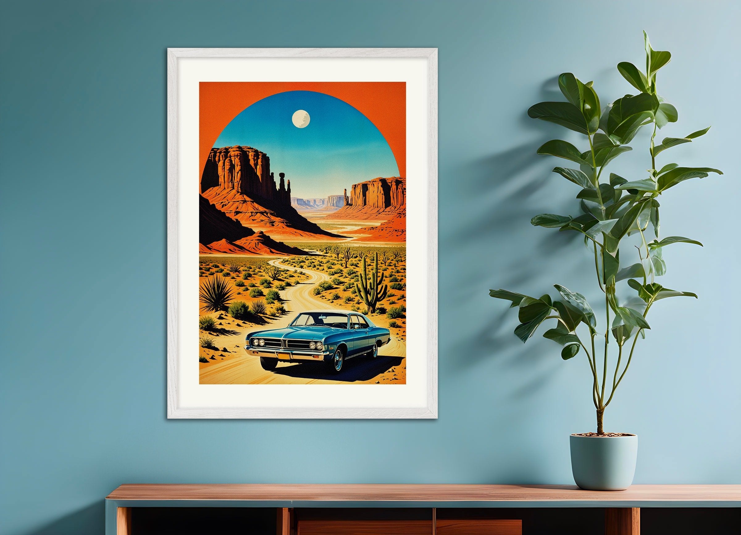 Poster of Monument Valley American Vintage Poster, with white wooden frame