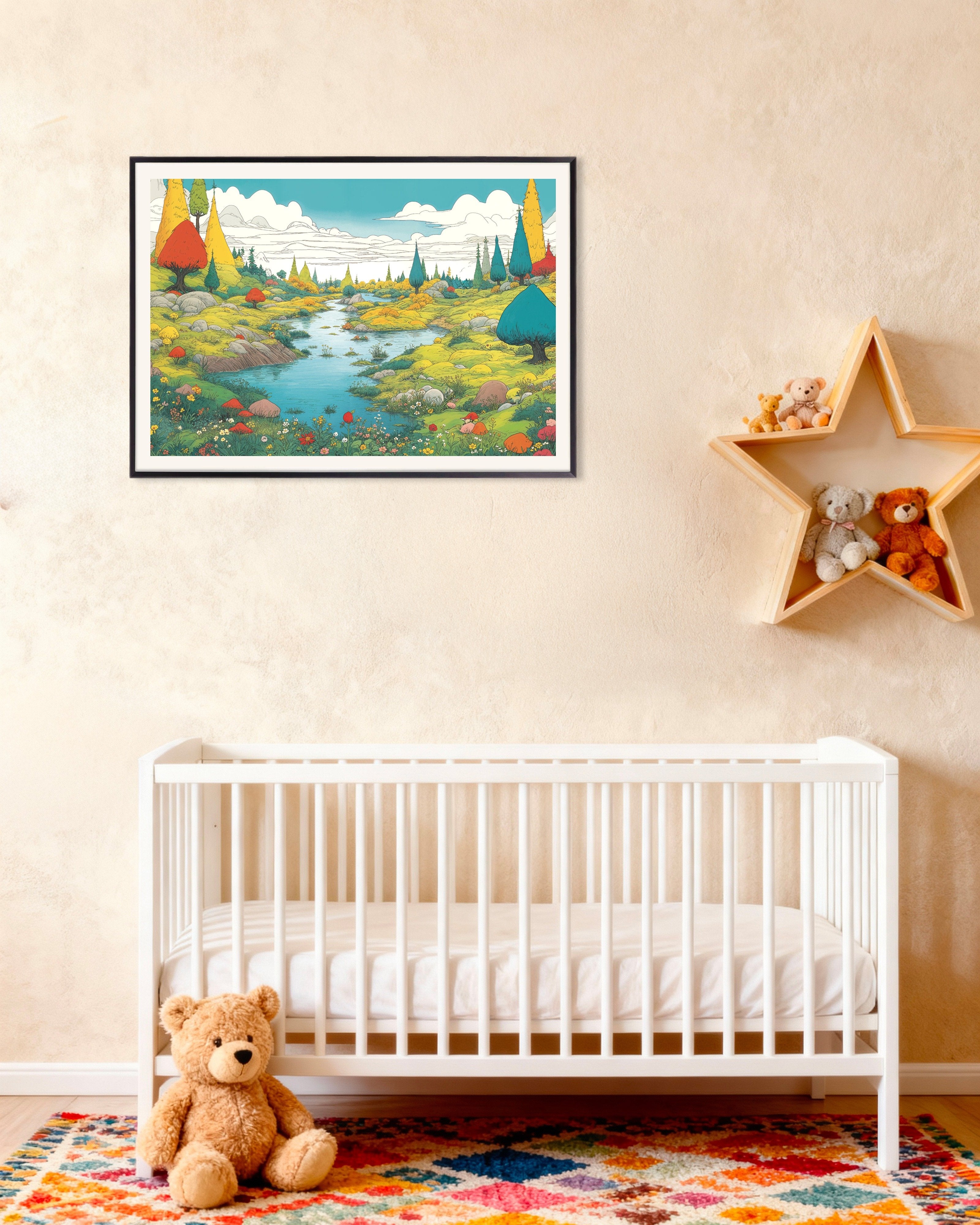 Poster of Moomin inspired bright valley poster, with metal frame