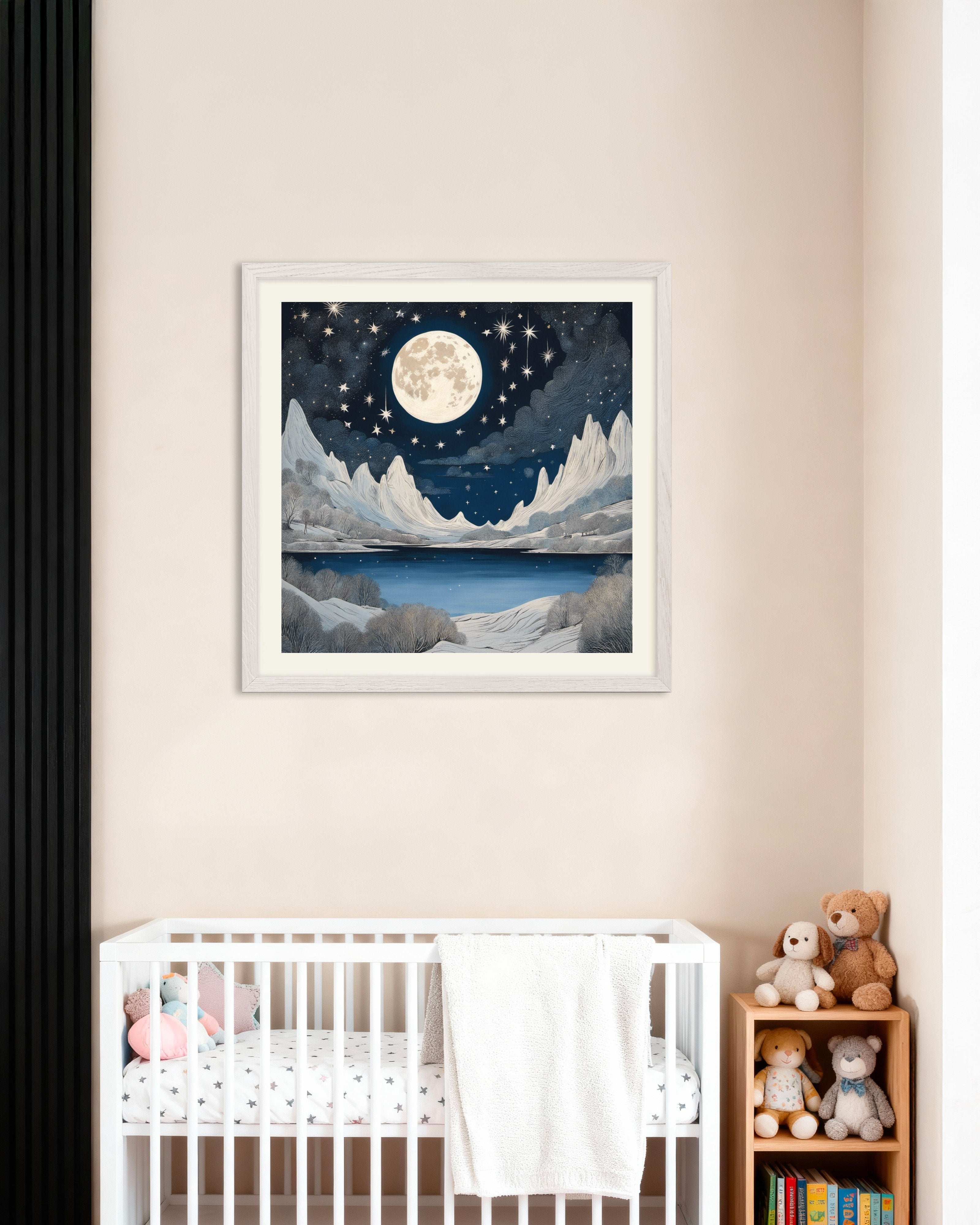 Poster of Moomins, Moon and starry sky - Poster, with white wooden frame
