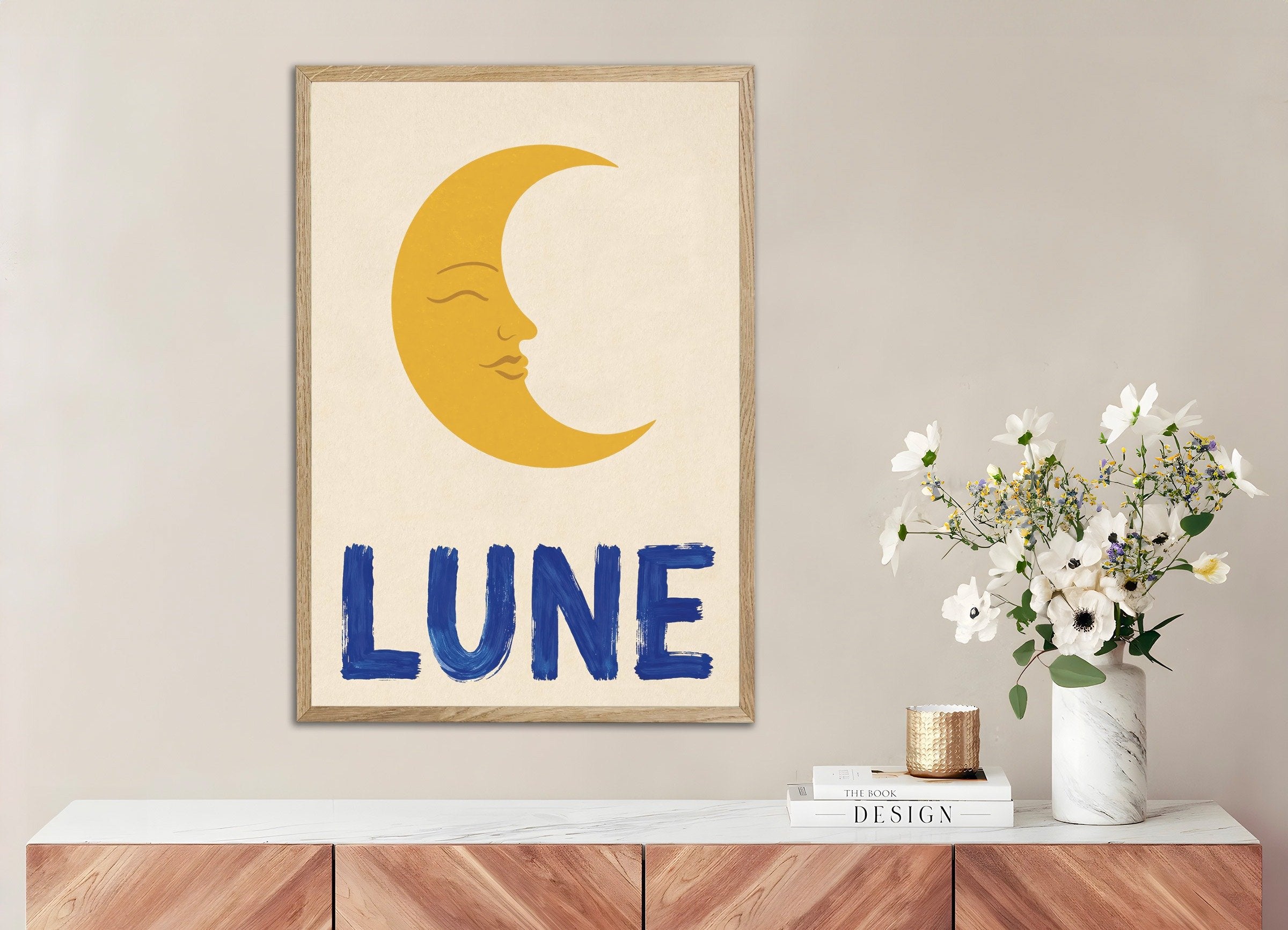 Poster of Moon poster - Calm French-inspired wall art, with natural wooden frame