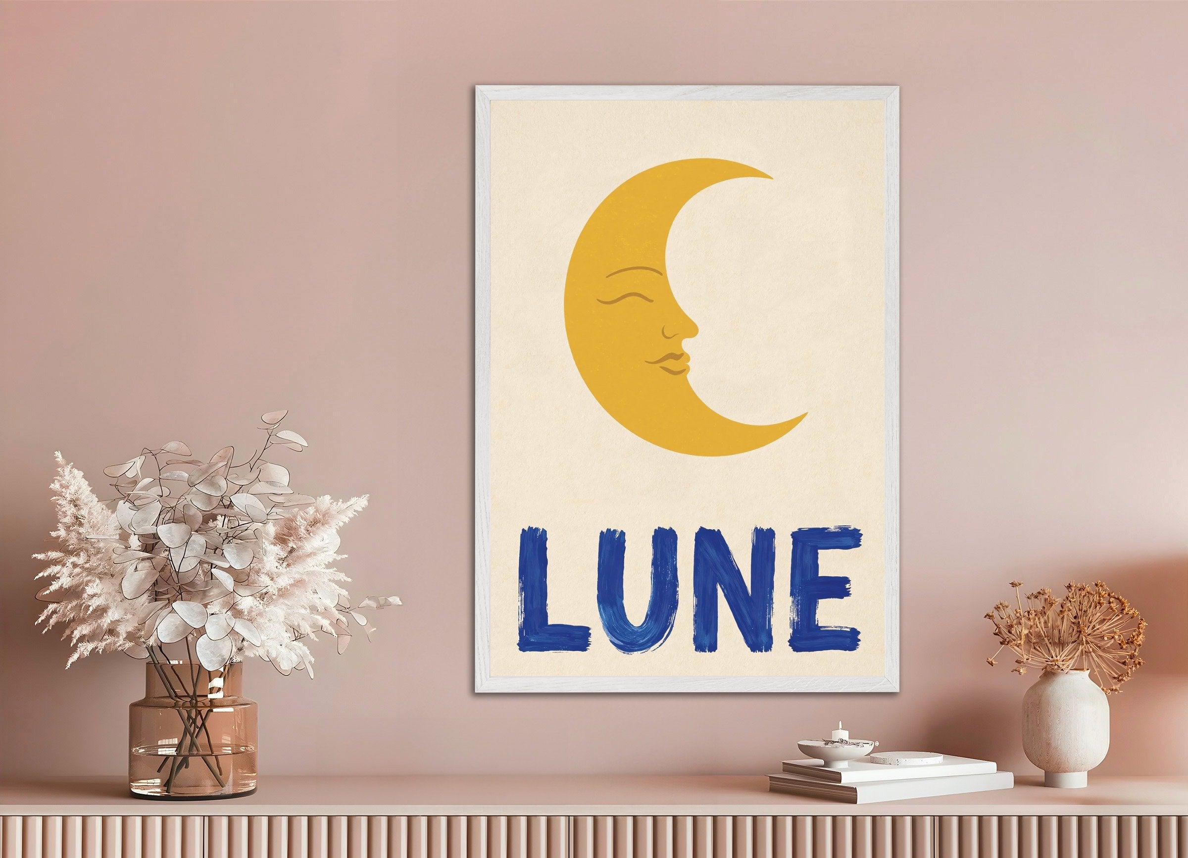 Poster of Moon poster - Calm French-inspired wall art, with white wooden frame