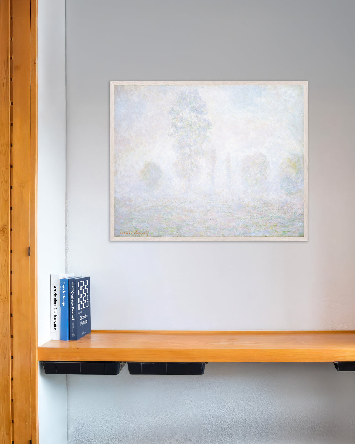 Plakat Morgendis (1888) av Claude Monet med hvit treramme