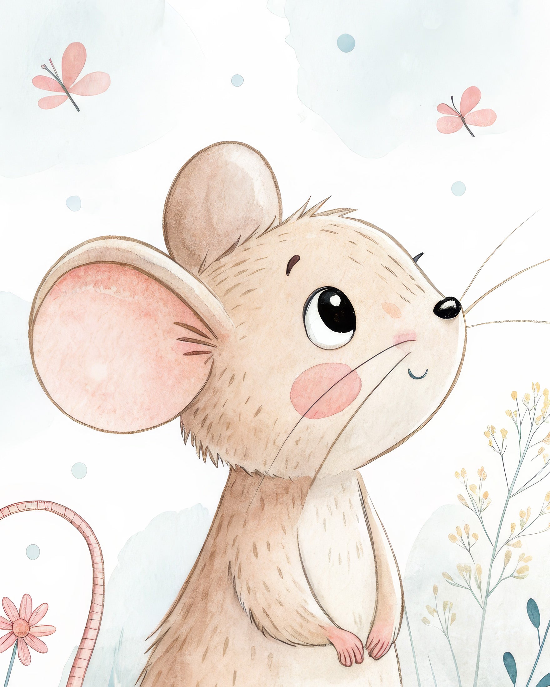Illustration of a cute mouse with flowers and butterflies in the background