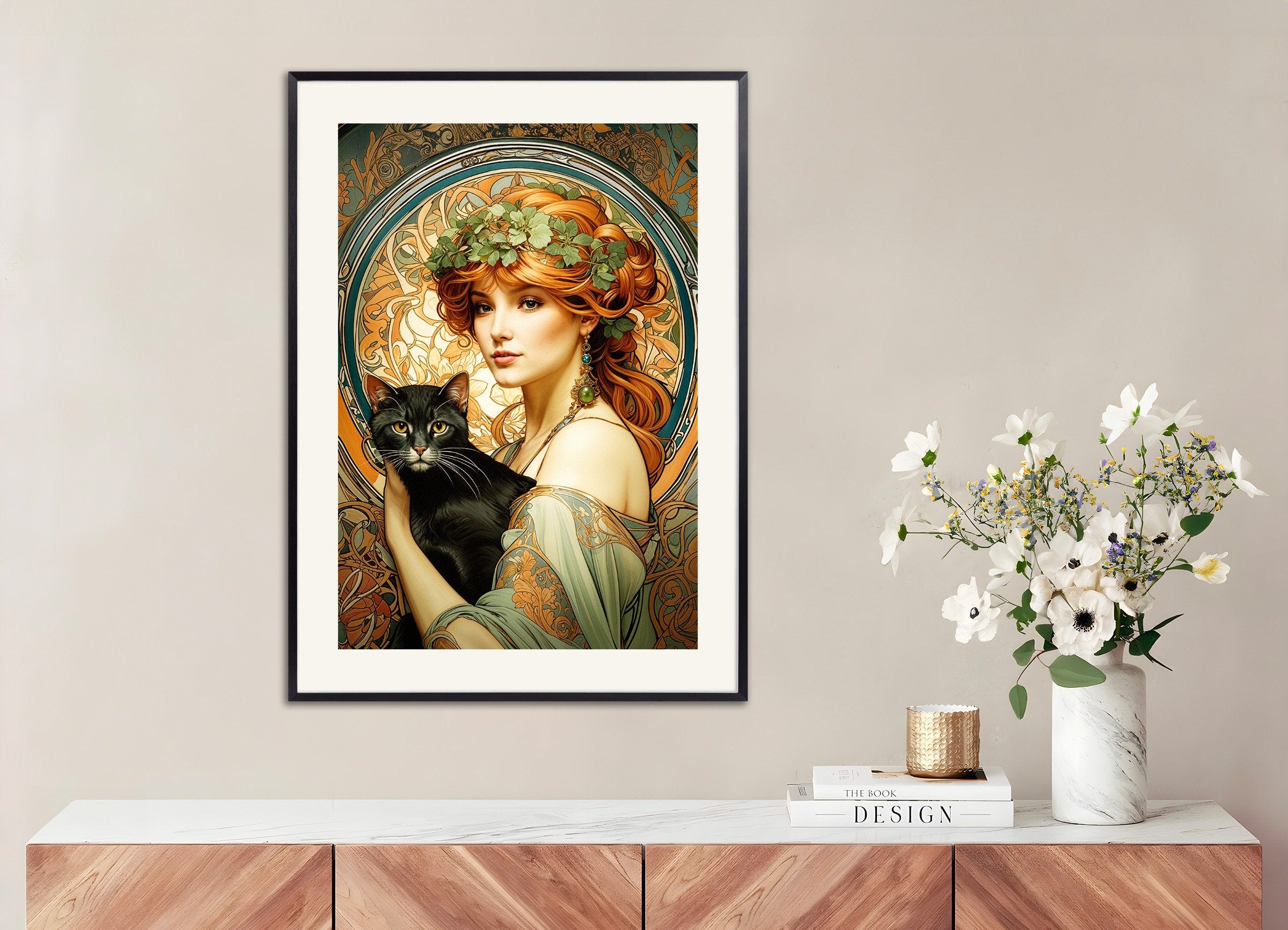 Poster of Mucha Cat, Art Nouveau, with metal frame