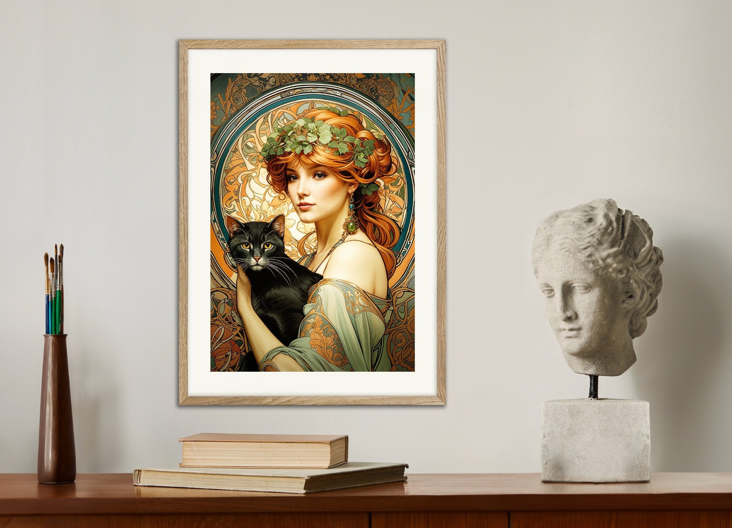 Poster of Mucha Cat, Art Nouveau, with natural wooden frame