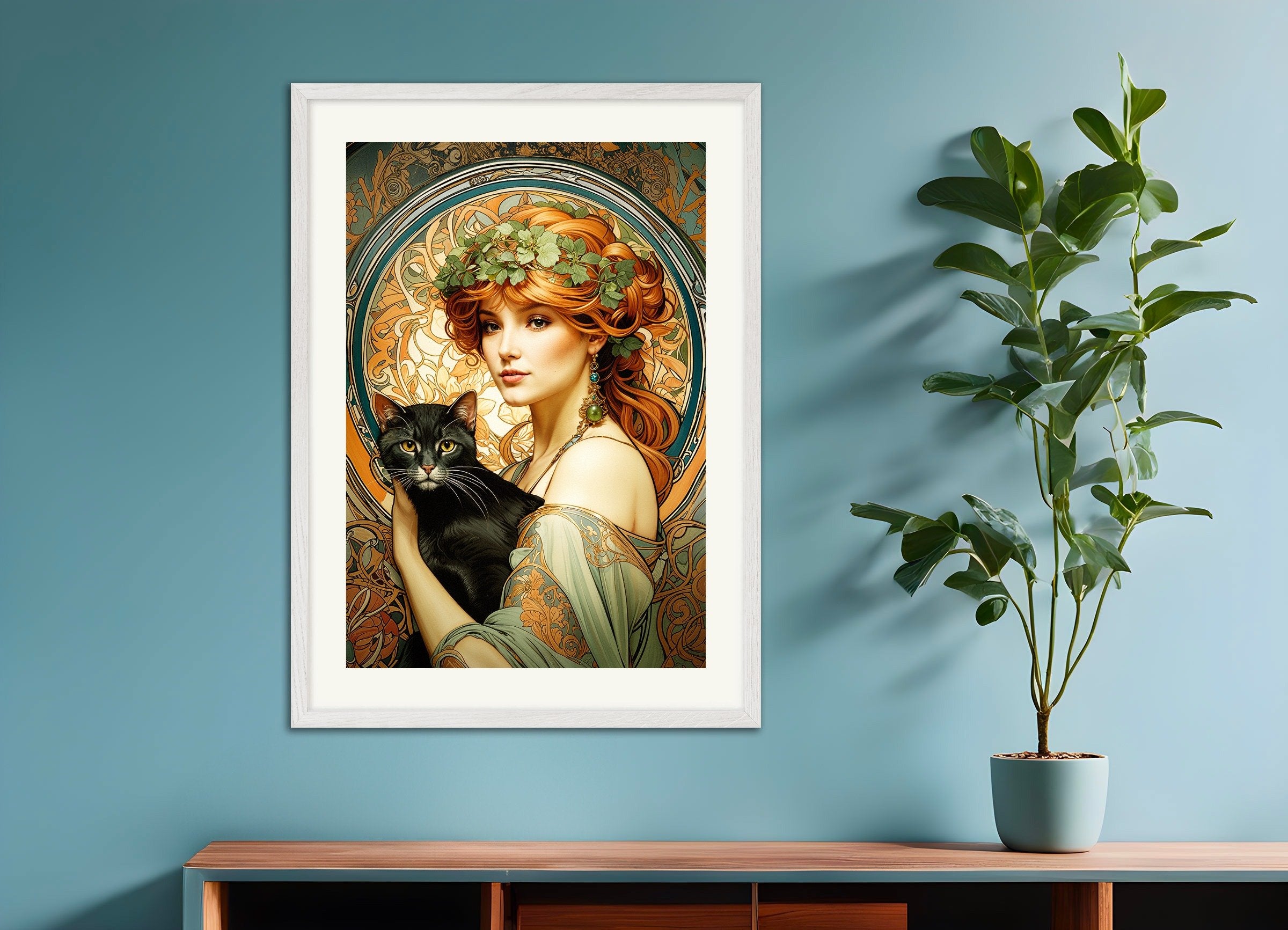 Poster of Mucha Cat, Art Nouveau, with white wooden frame