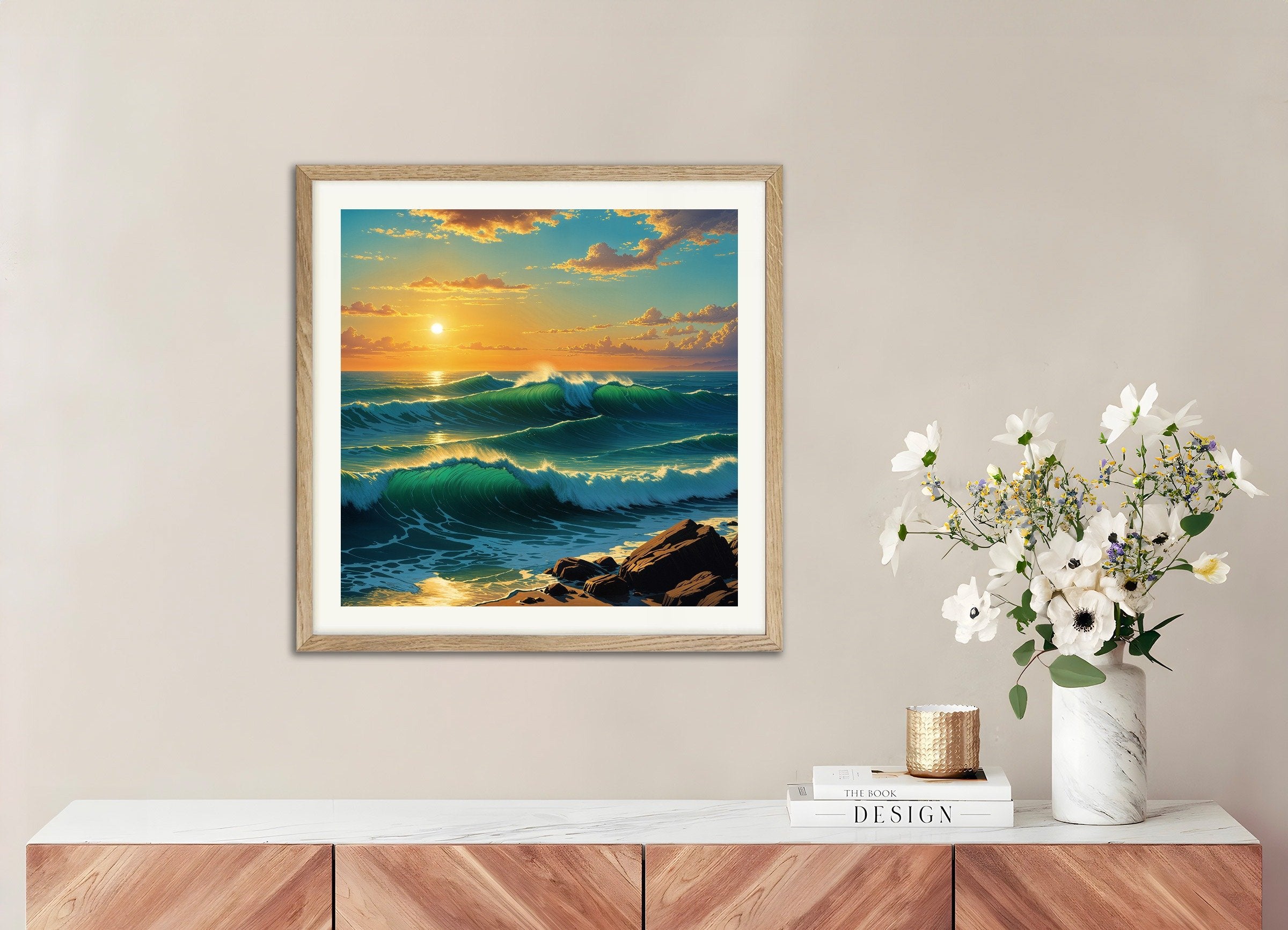 Poster of Ocean Art Print, with natural wooden frame